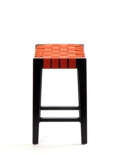 Maple Black Finish Bar Stool with Orange Woven Seat Made in USA by Peter Danko