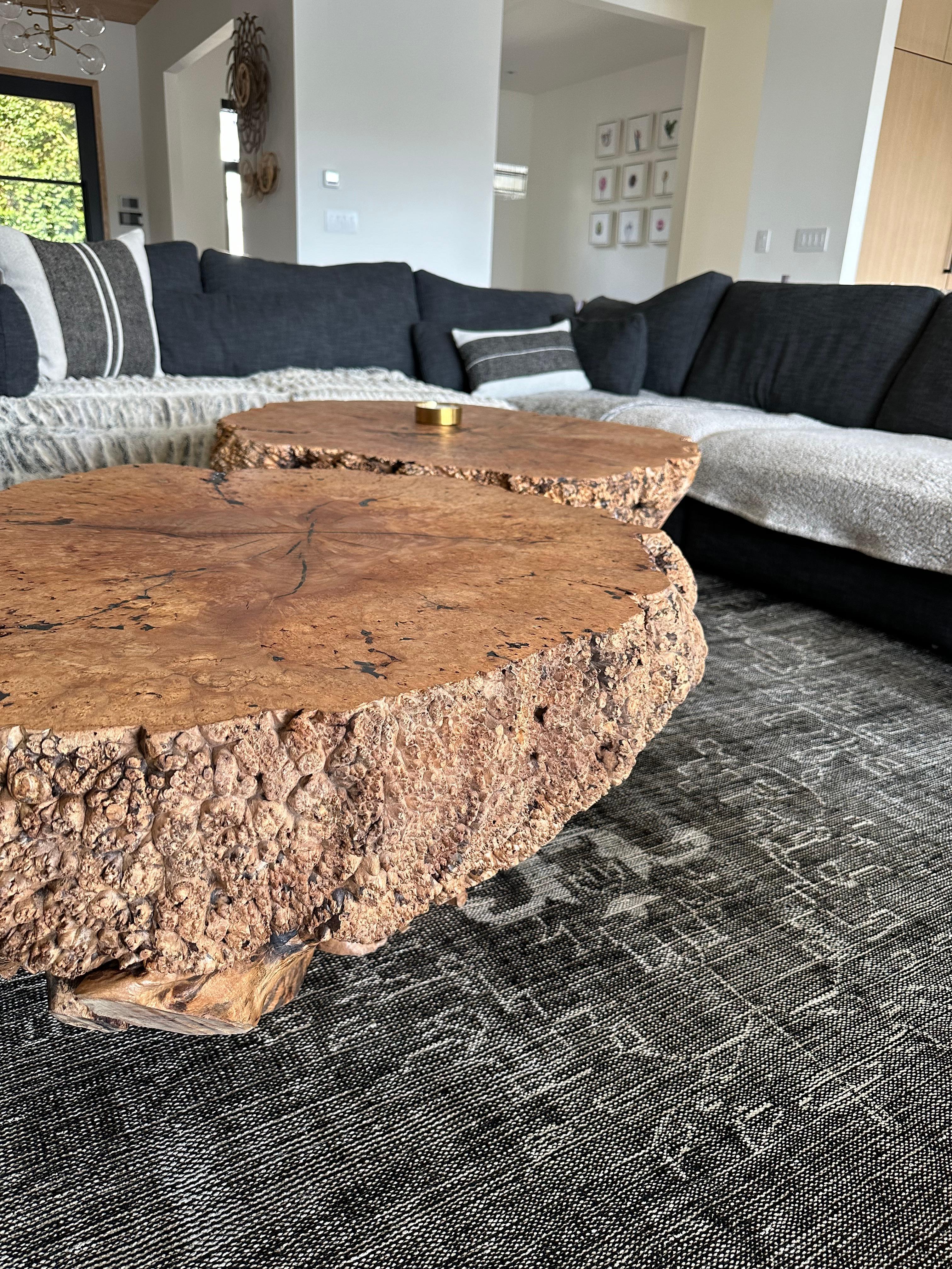 These are extremely rare extra large and chunky full maple burls! Typically burls will be in slab form or a feature of a slab but we are lucky enough to have two full burls large enough for tables from the floor.

These exquisite pieces come from