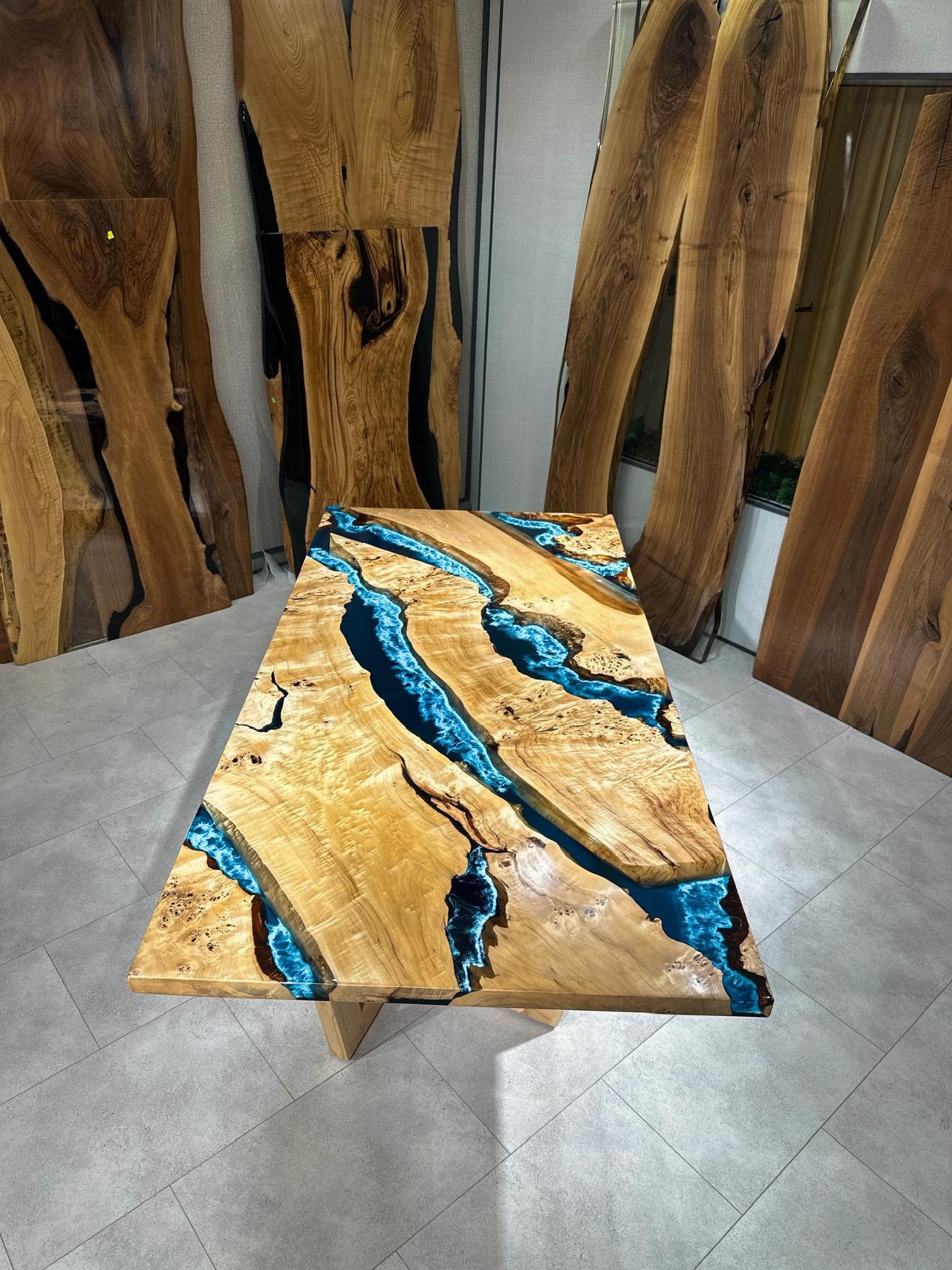 Mappa Burl Wood Blue Epoxy Resin Dining Table - Custom Resin Table For Sale 3
