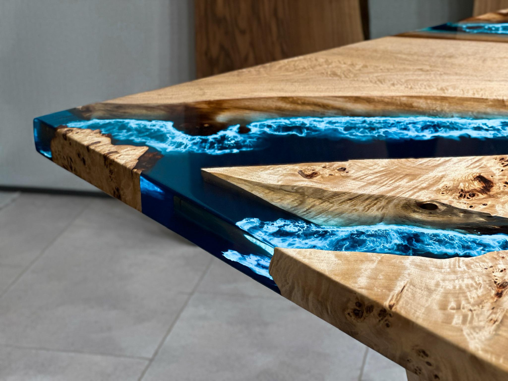 Arts and Crafts Mappa Burl Wood Blue Epoxy Resin Dining Table - Custom Resin Table For Sale