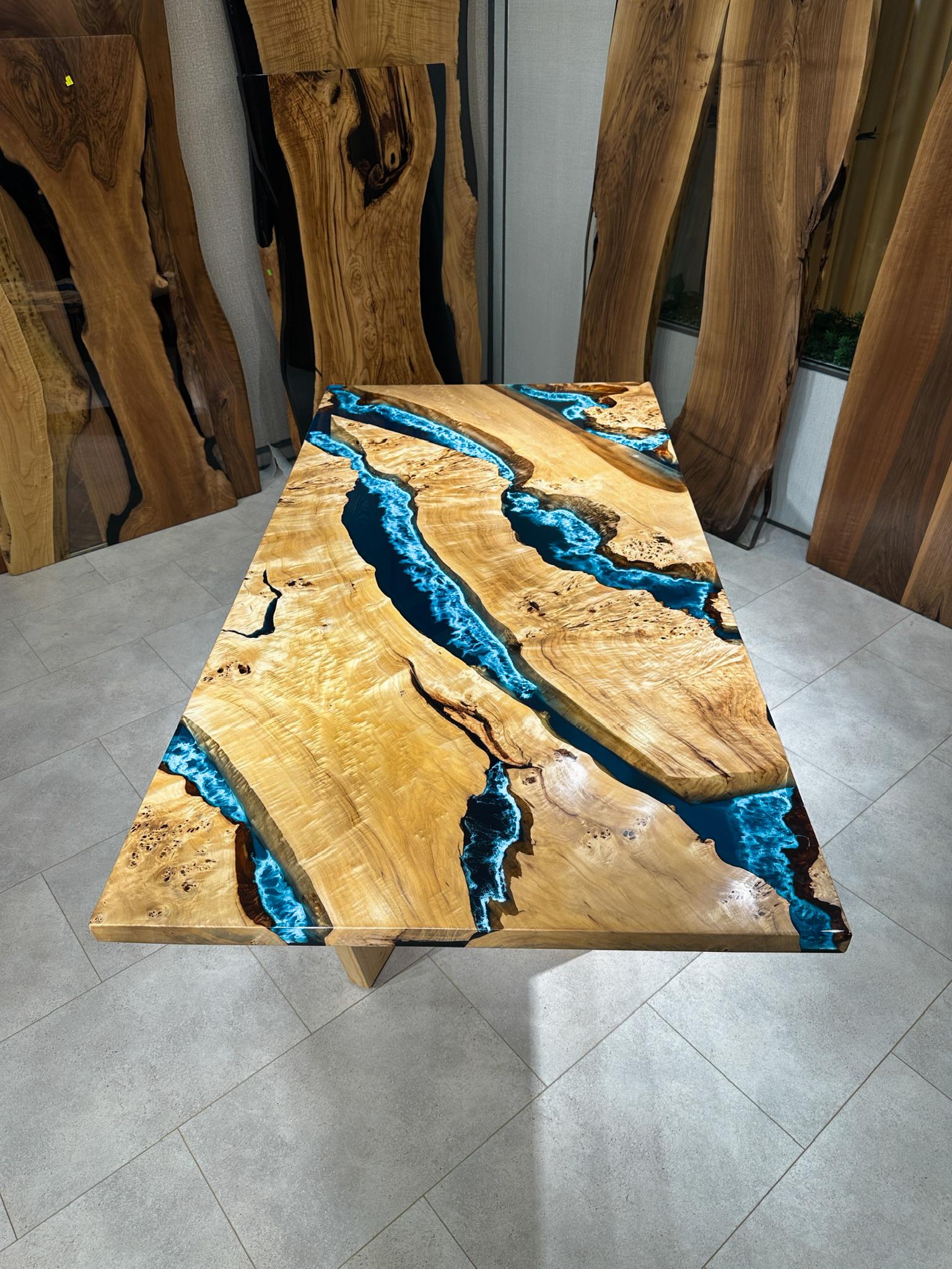 Turkish Mappa Burl Wood Blue Epoxy Resin Dining Table - Custom Resin Table For Sale