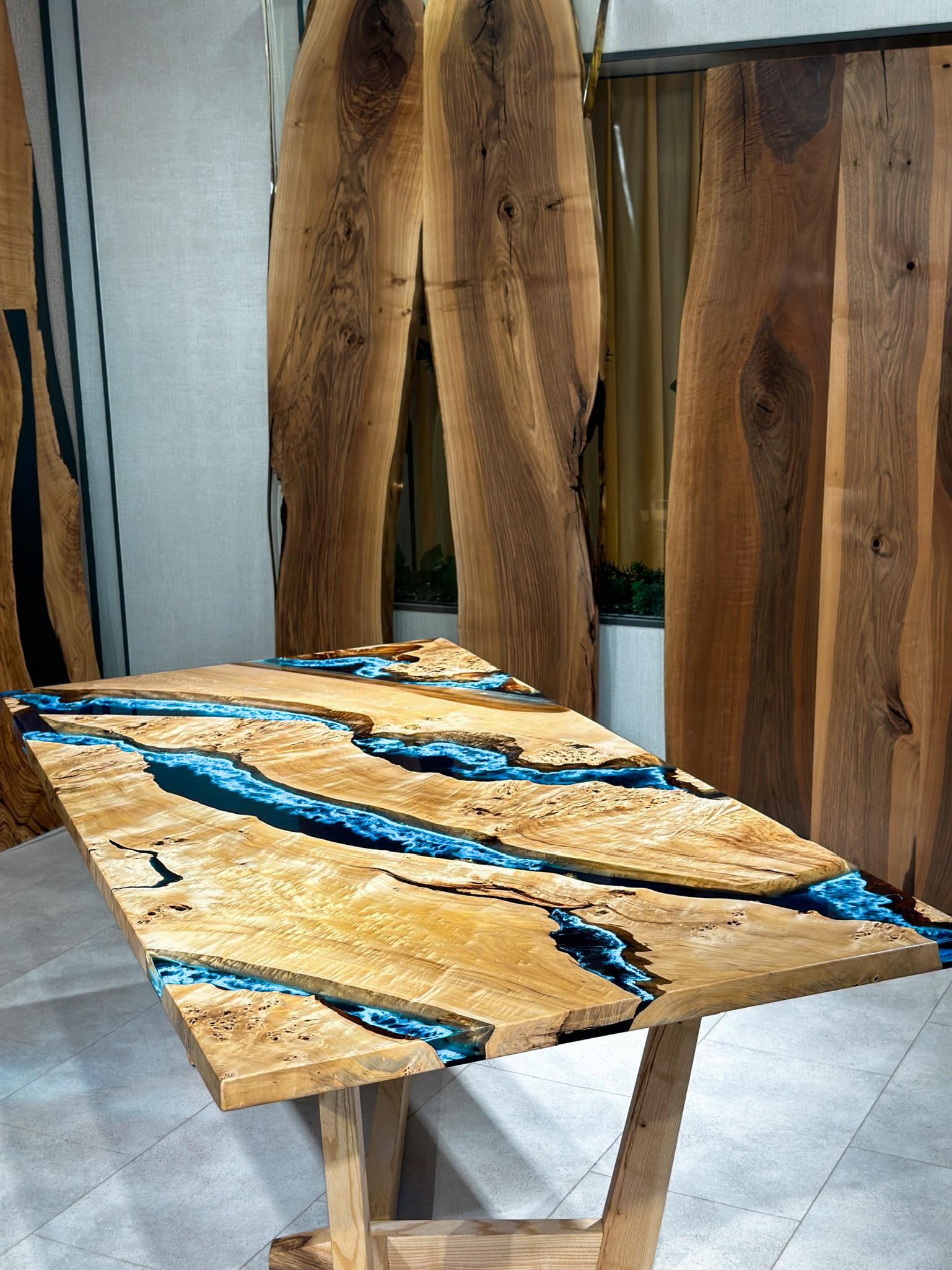 Brushed Mappa Burl Wood Blue Epoxy Resin Dining Table - Custom Resin Table For Sale
