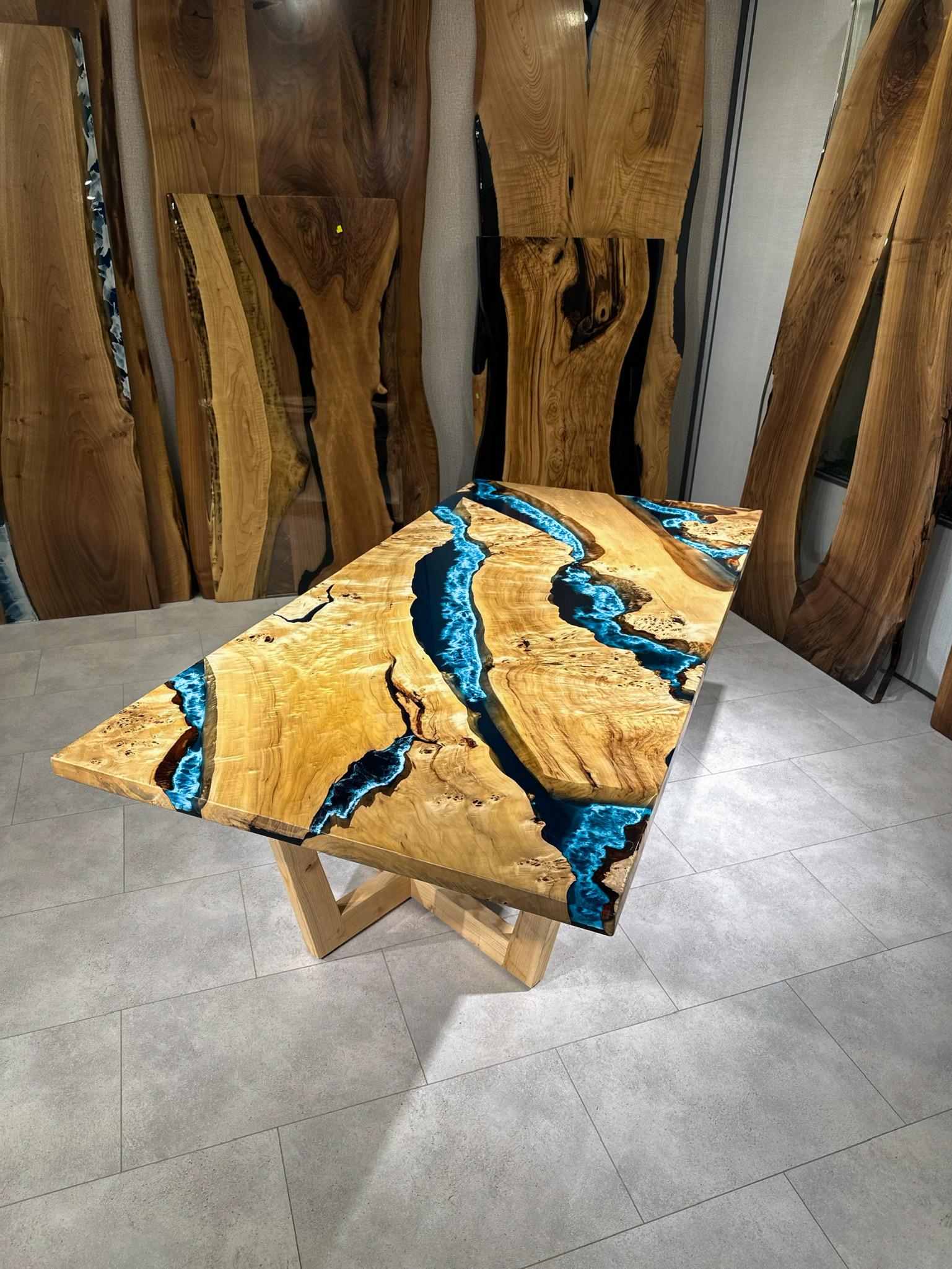Contemporary Mappa Burl Wood Blue Epoxy Resin Dining Table - Custom Resin Table For Sale