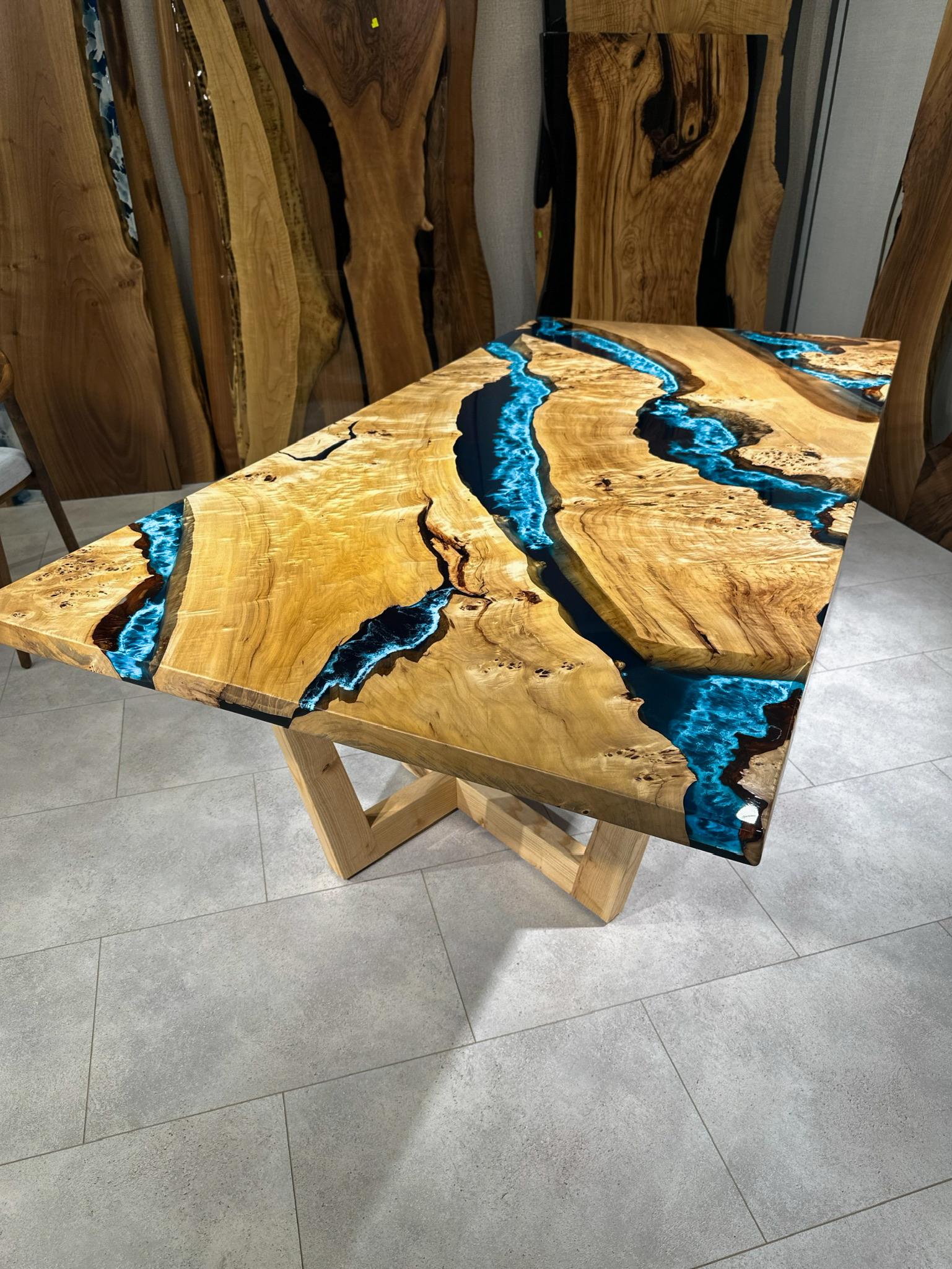 Mappa Burl Wood Blue Epoxy Resin Dining Table - Custom Resin Table For Sale 1