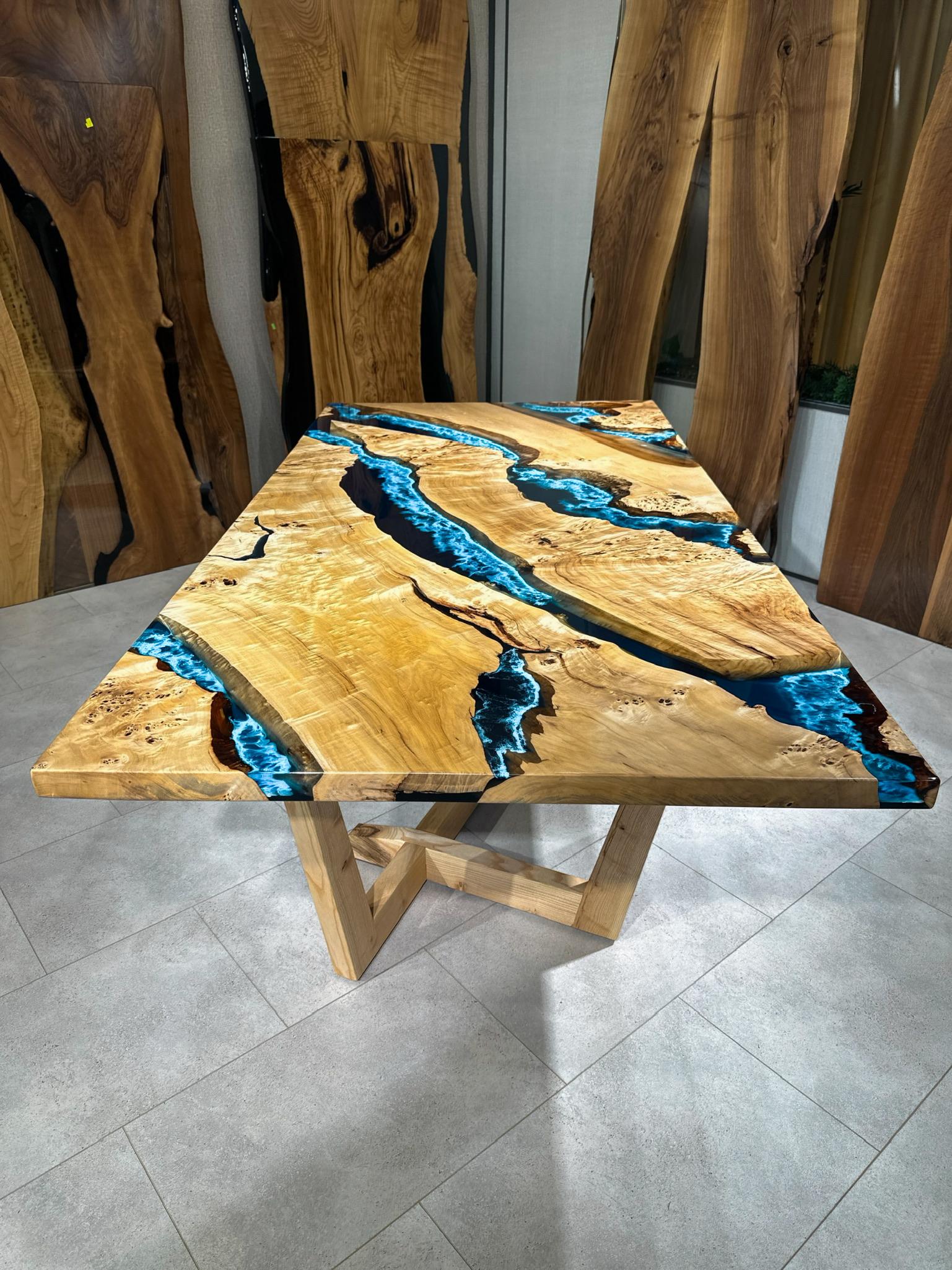 Mappa Burl Wood Blue Epoxy Resin Dining Table - Custom Resin Table For Sale 2