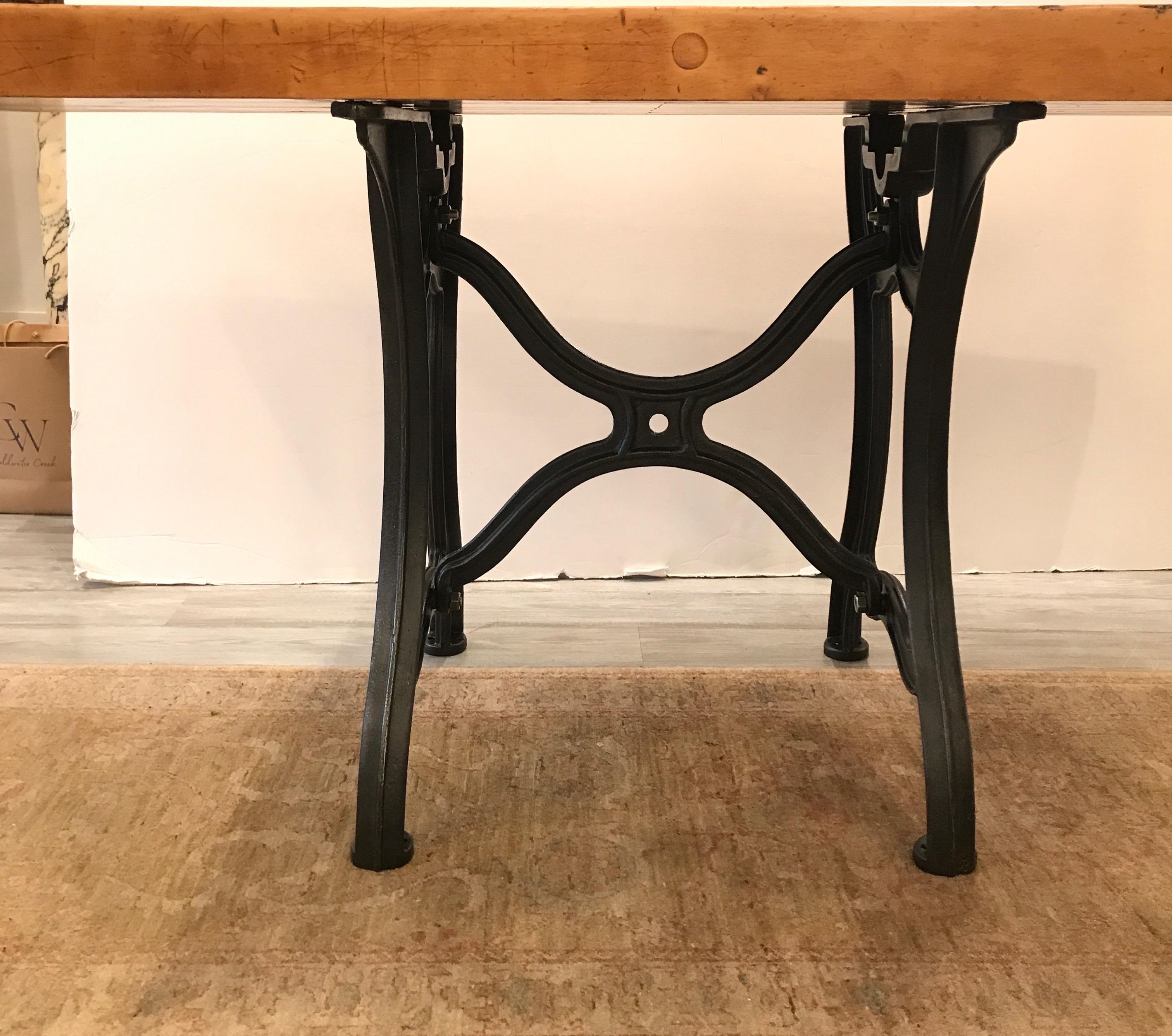 Industrial Maple Butcher Block Table Island with and Antique Iron Base