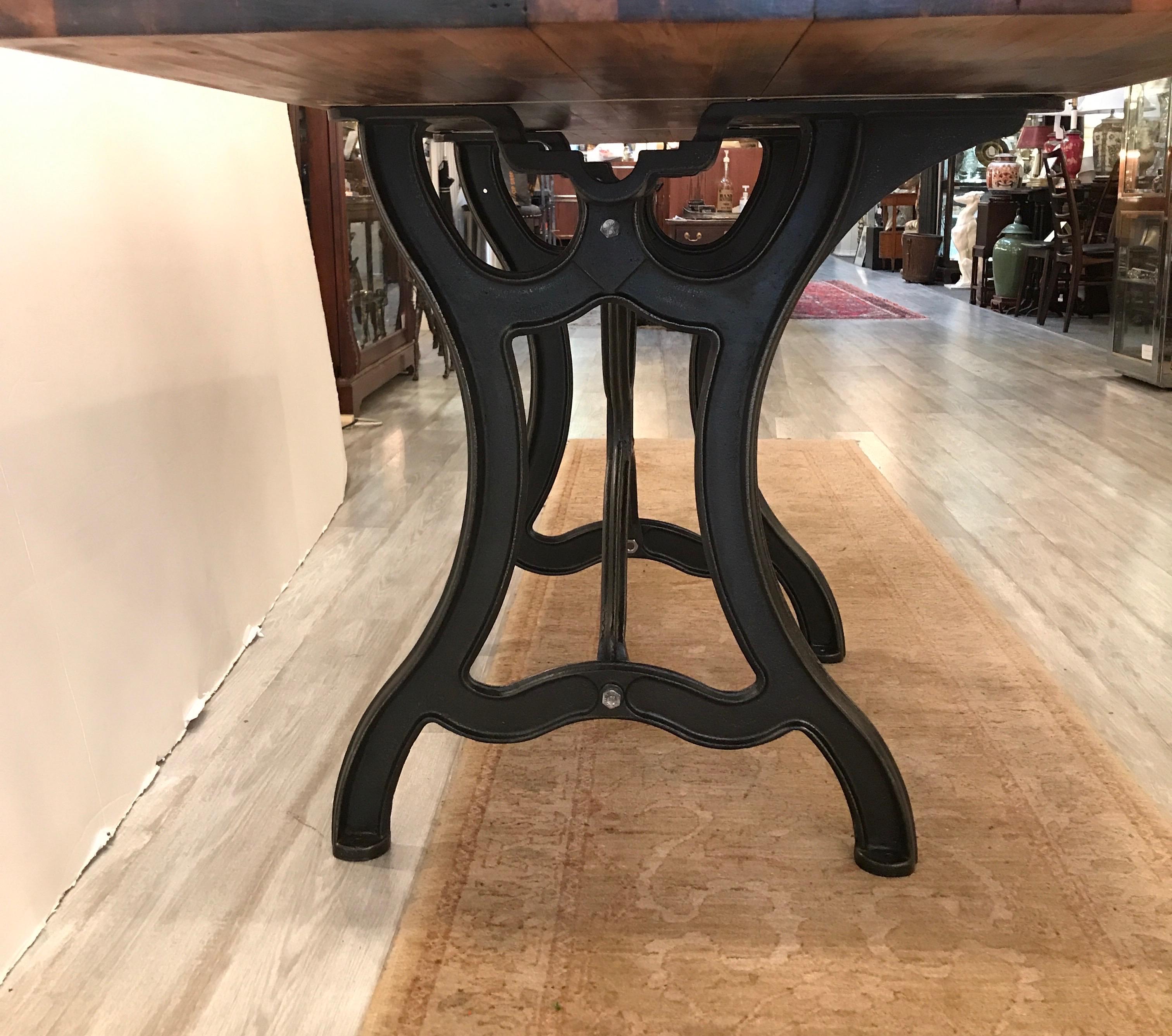 Maple Butcher Block Table Island with and Antique Iron Base In Good Condition In Lambertville, NJ