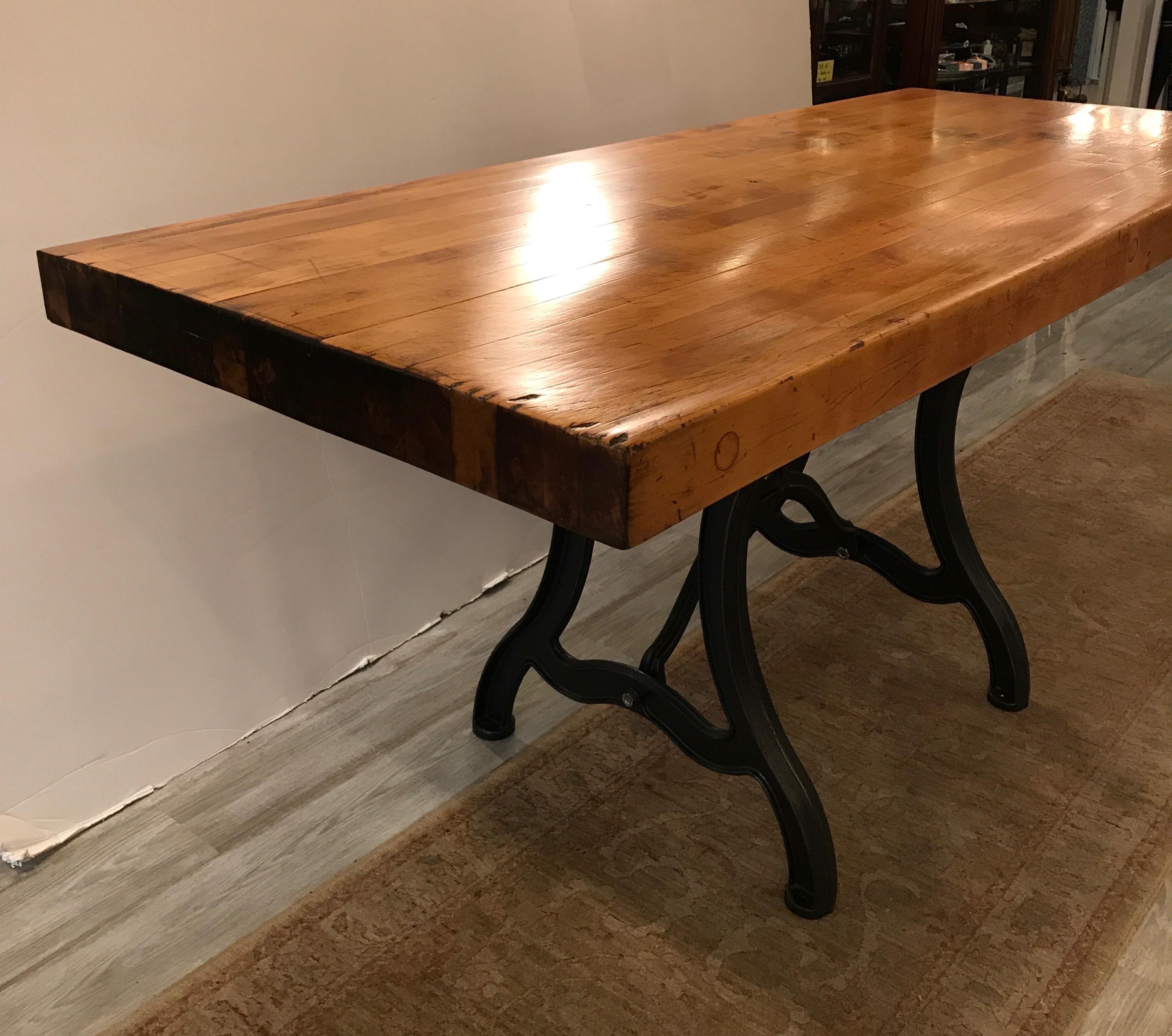 Mid-20th Century Maple Butcher Block Table Island with and Antique Iron Base