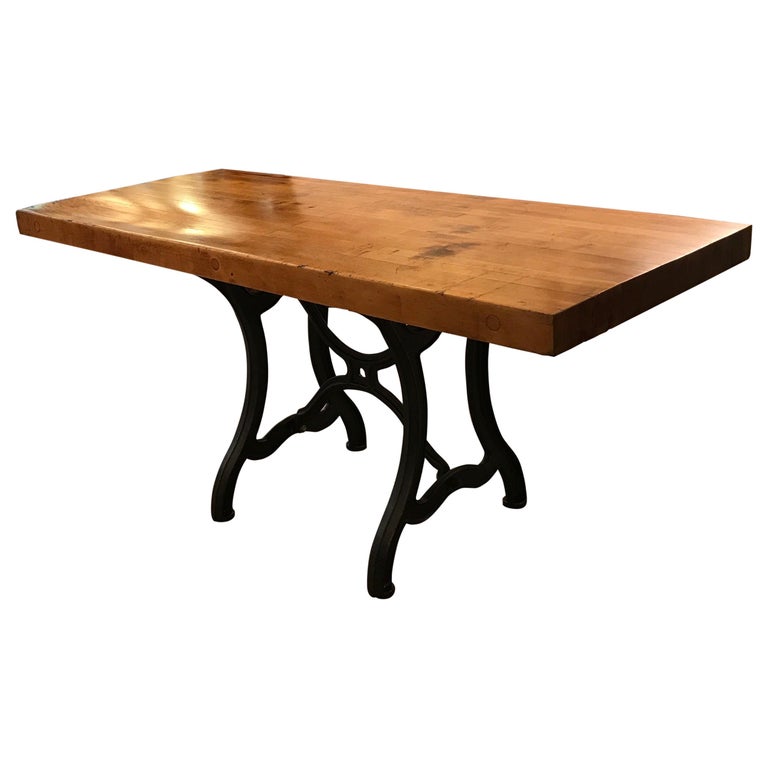 Maple Butcher Block Table Island with and Antique Iron Base at 1stDibs