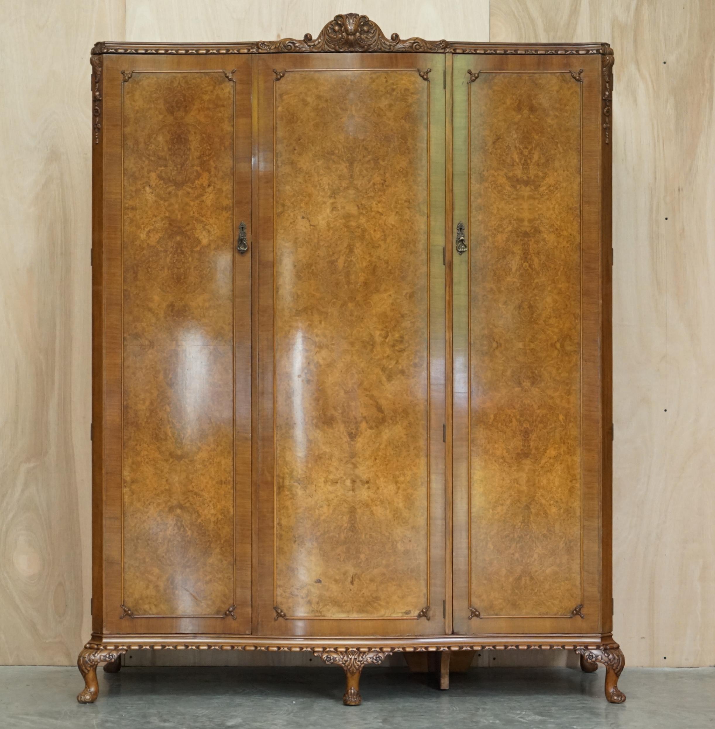 We are delighted to offer this very fine, Maple & Co London, Burr Walnut triple bank, compactum wardrobe with heavily carved cabriolet legs and details throughout which is part of a large suite

This piece is part of a suite as mentioned, I have