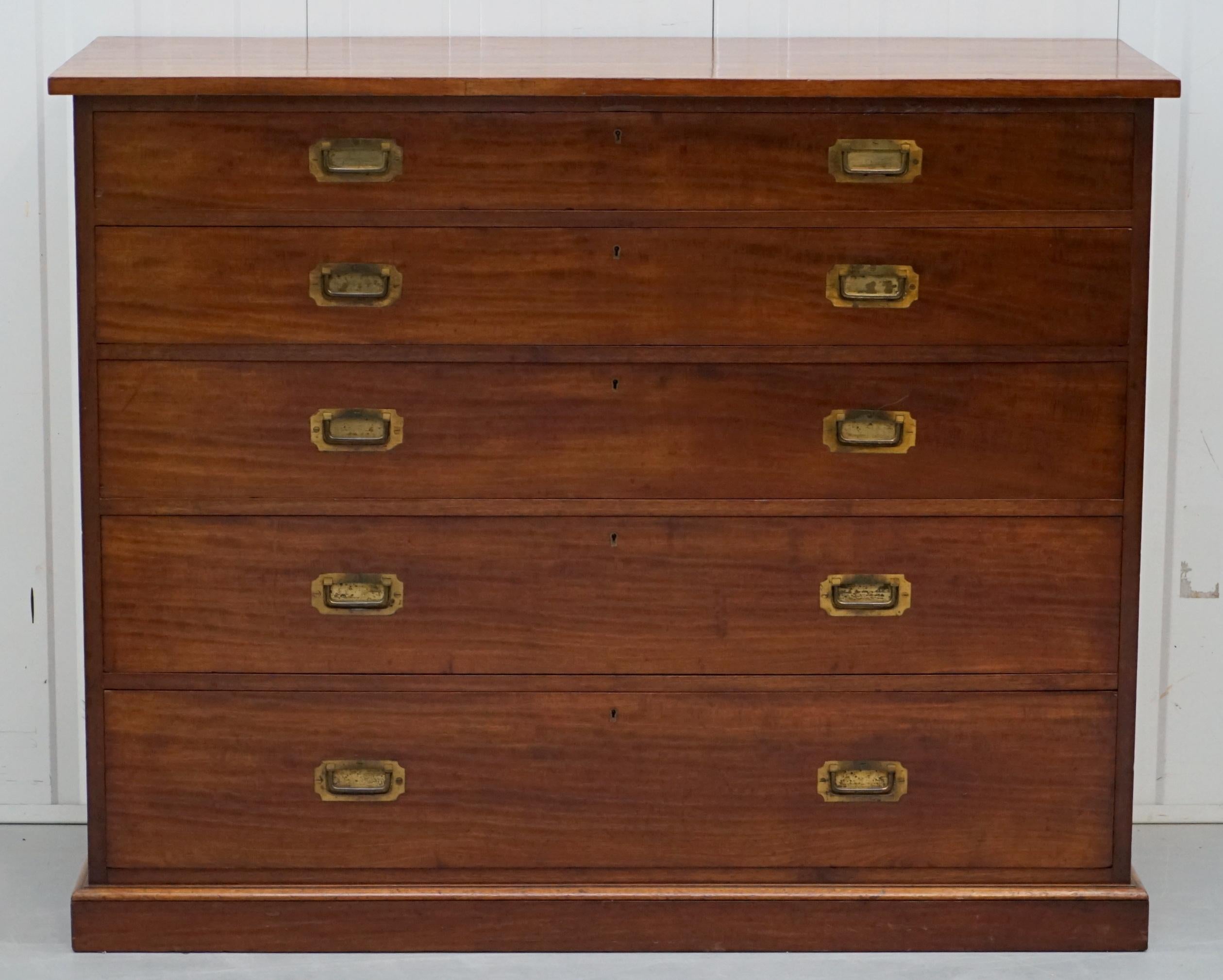 English Maple & Co Solid Mahogany Military Officers Campaign Chest of Drawers circa 1880