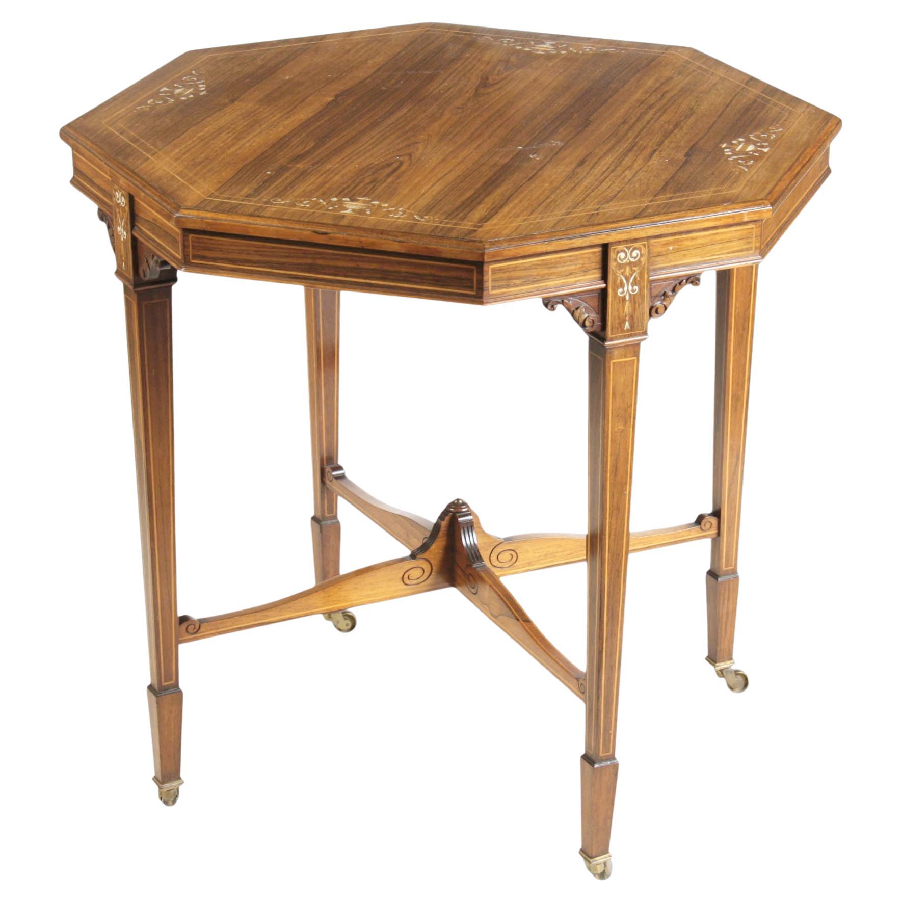 Ahorn & Co. Achteckiger edwardianischer Tisch mit Buchsbaumintarsien aus Rosenholz