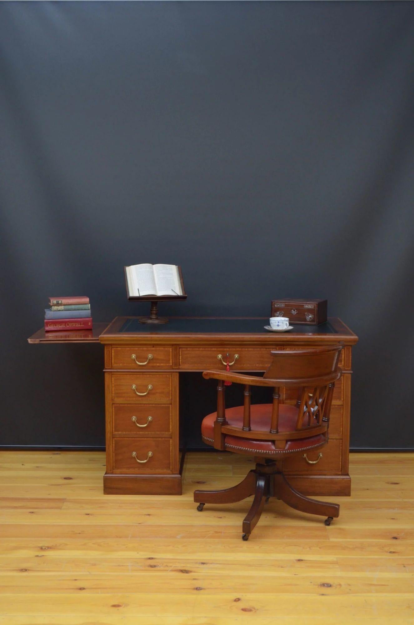 Sn5202 Edwardian mahogany and inlaid desk by Maple and Co, having black tooled leather writing surface, satinwood crossbanded top with moulded edge and mahogany slider to each side above nine mahogany lined and satinwood crossbanded, graduated