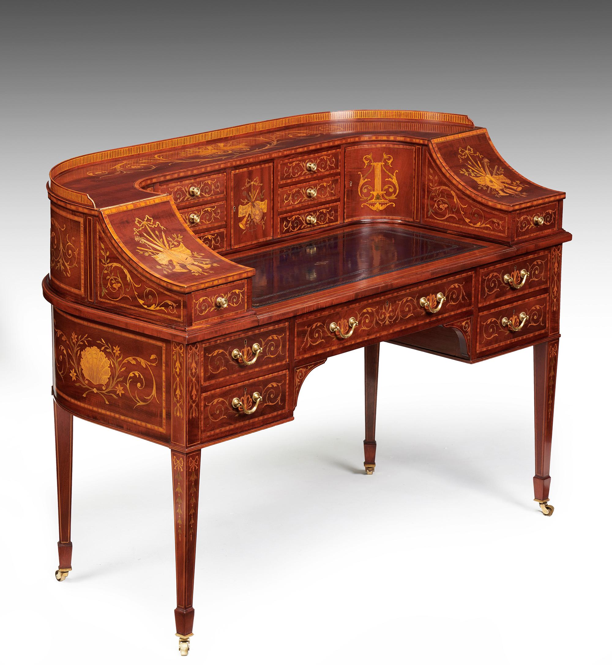 English Maple & Co Mahogany, Satinwood and Marquetry Inlaid Victorian Carlton House Desk