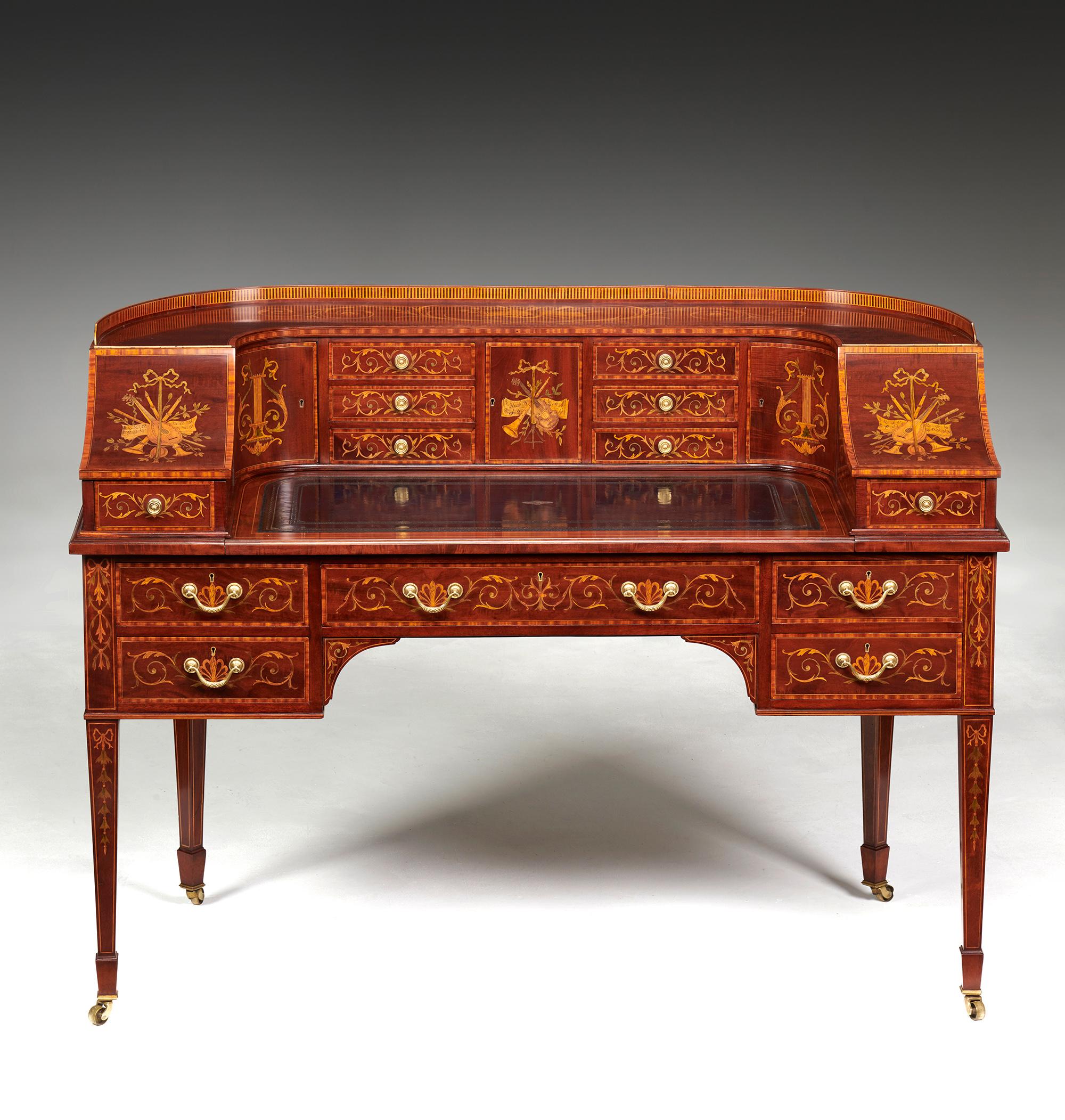 English Maple & Co. Mahogany Satinwood and Marquetry Inlaid Victorian Carlton House Desk