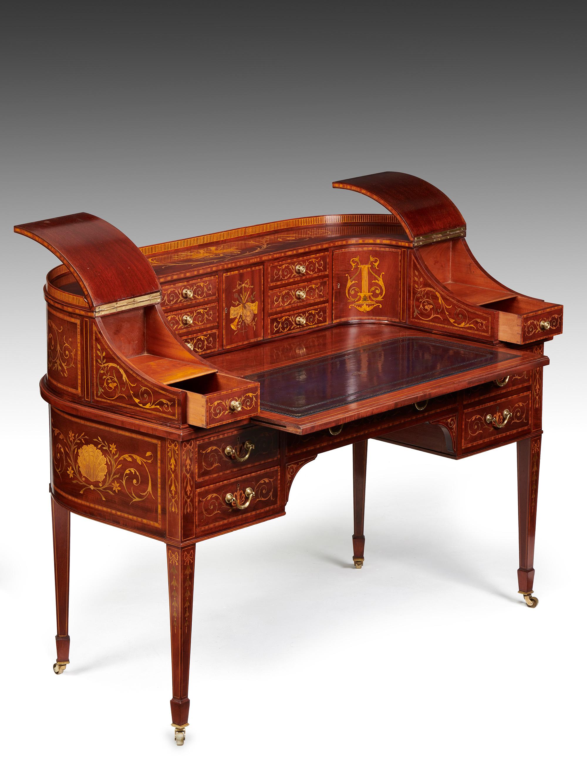 19th Century Maple & Co Mahogany, Satinwood and Marquetry Inlaid Victorian Carlton House Desk