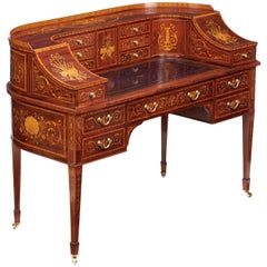 Antique Maple & Co Mahogany, Satinwood and Marquetry Inlaid Victorian Carlton House Desk