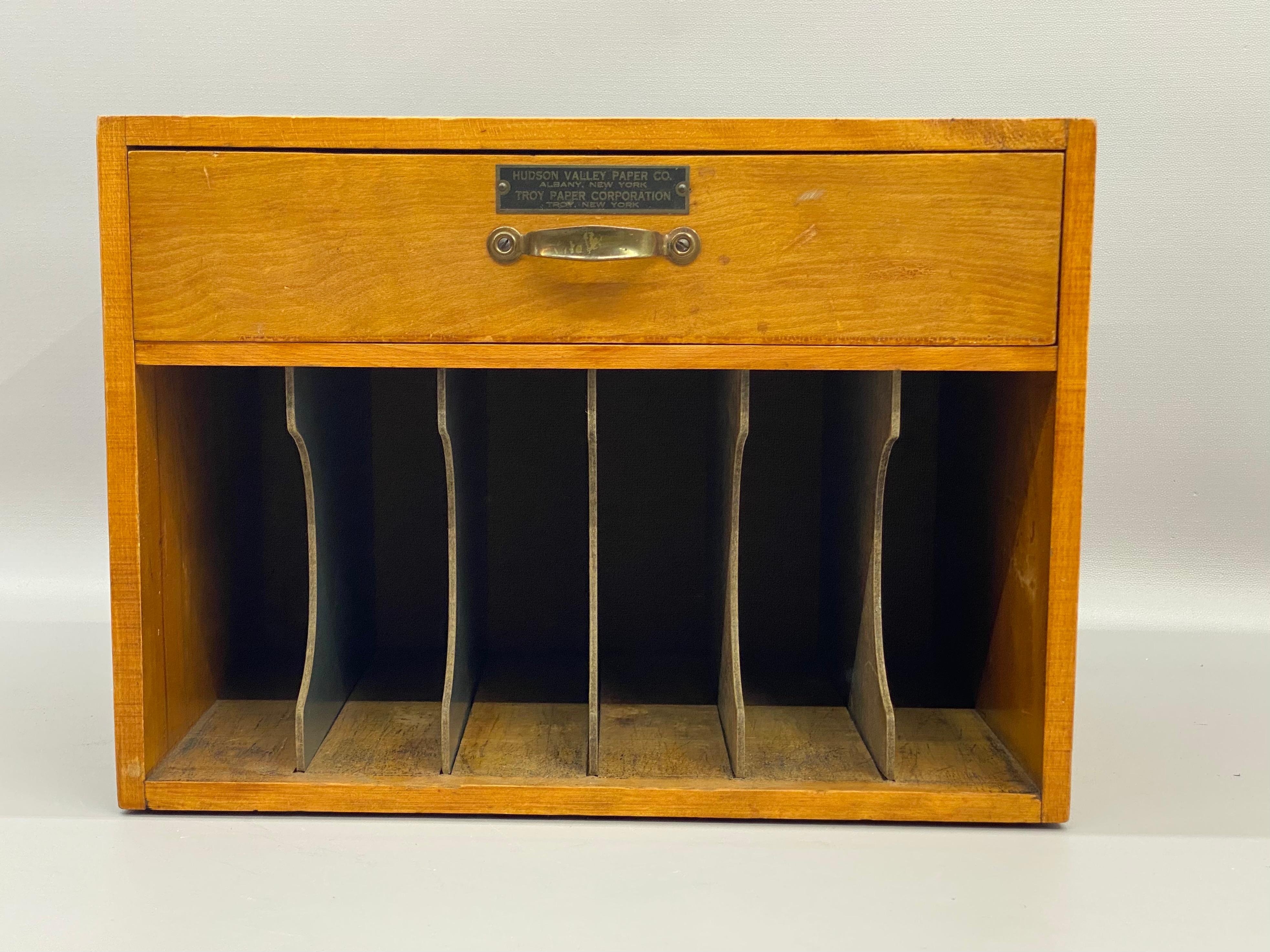A solid maple desk or counter top organizer for The Hudson Valley Company and Troy Paper Corporations. Circa 1930-40. The metal horizontal tag has nice raised lettering advertising, not one, but two businesses: Hudson Valley Paper Company, Albany,