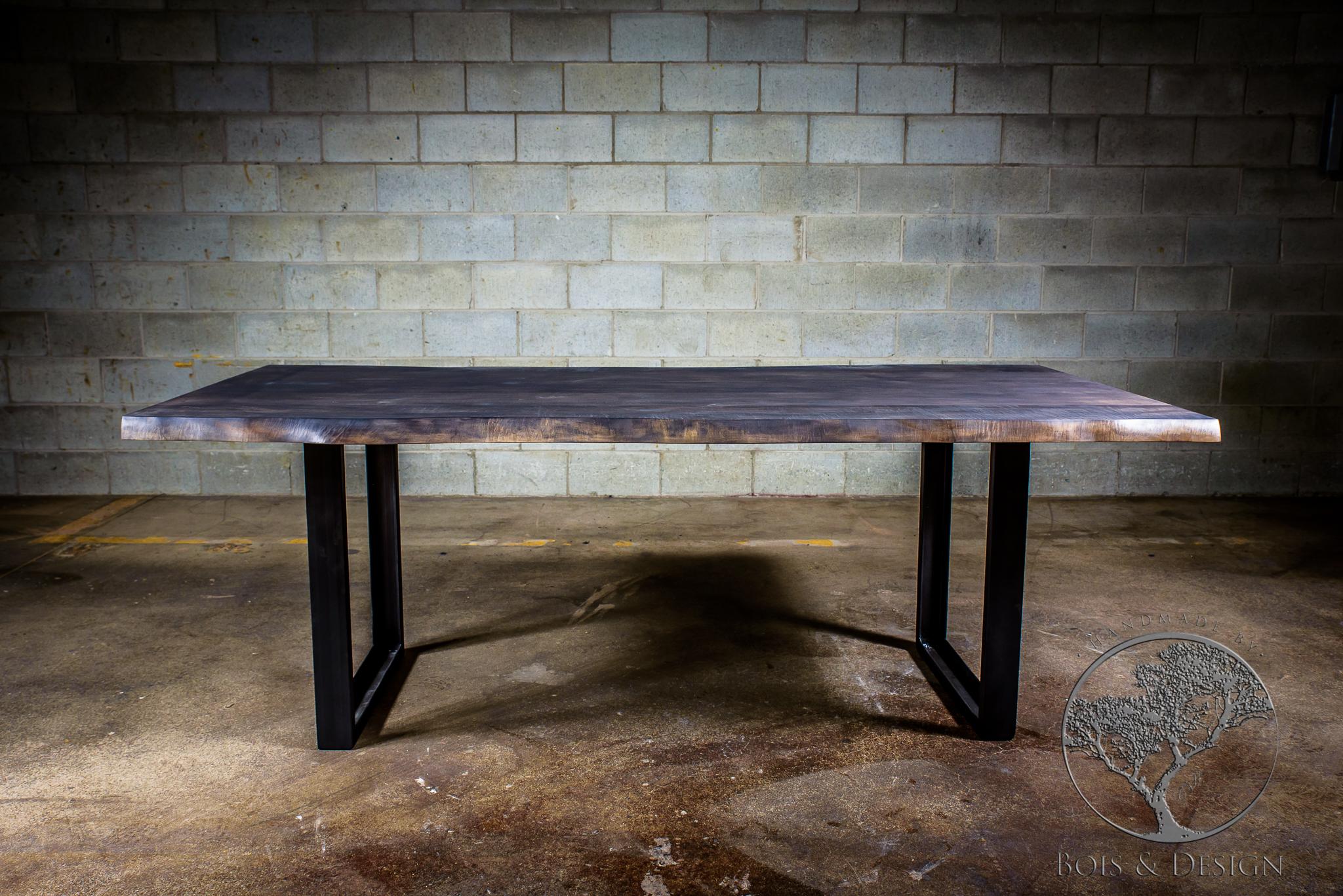 Organic Modern Maple Dining Table stained grey on U Shape Steel Legs For Sale