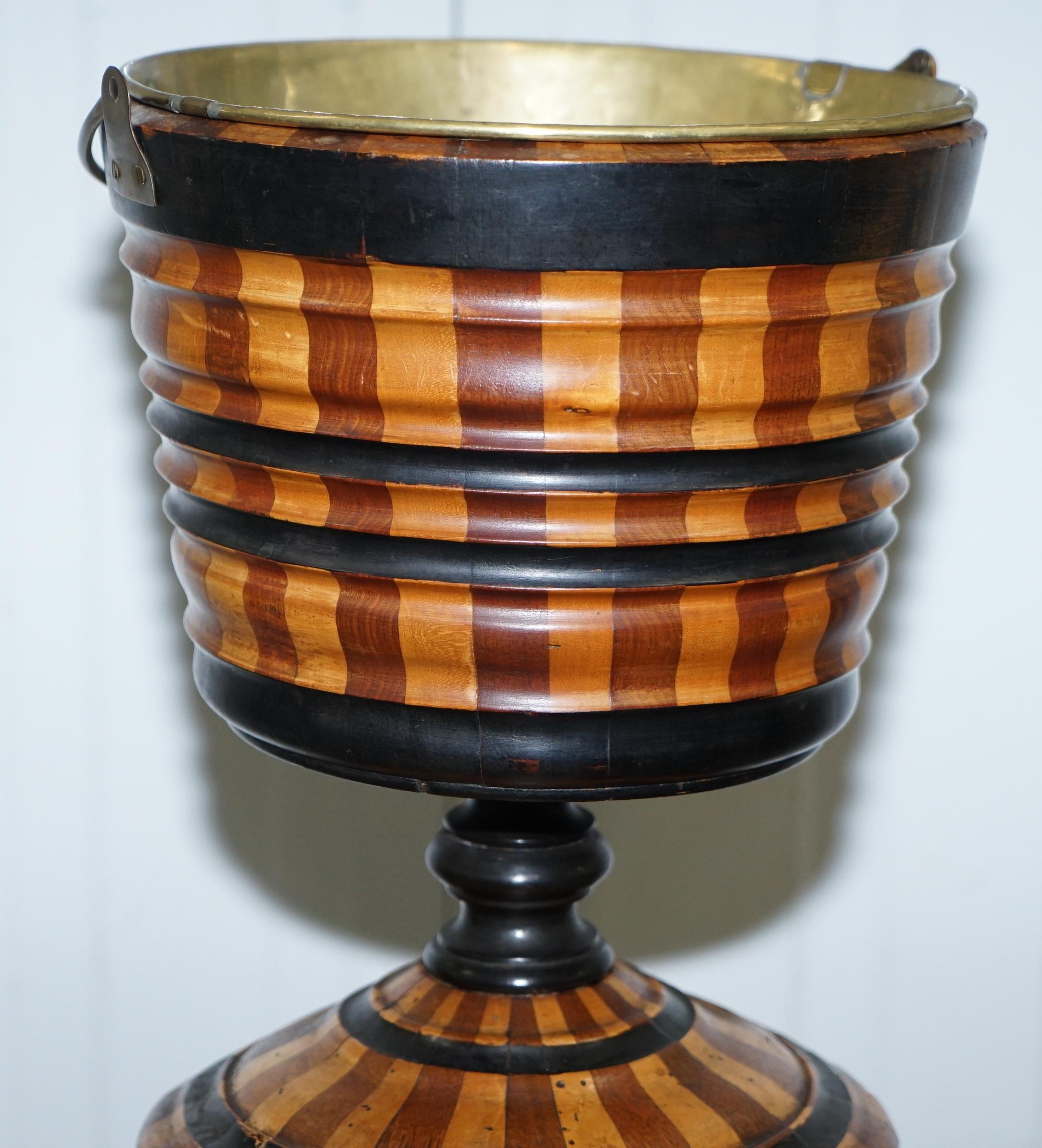 19th Century Maple & Ebony Biedermeier Peat Bucket for Coal Brass Lined Great Bin Planter