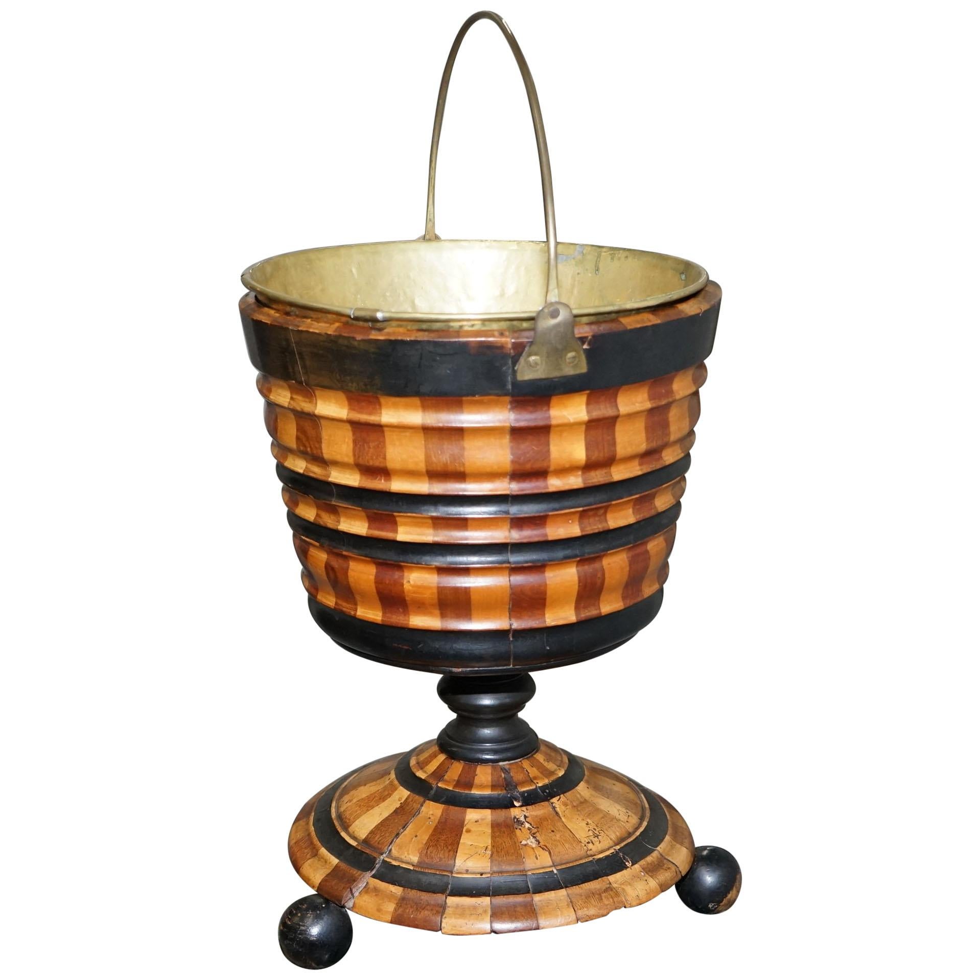 Maple & Ebony Biedermeier Peat Bucket for Coal Brass Lined Great Bin Planter