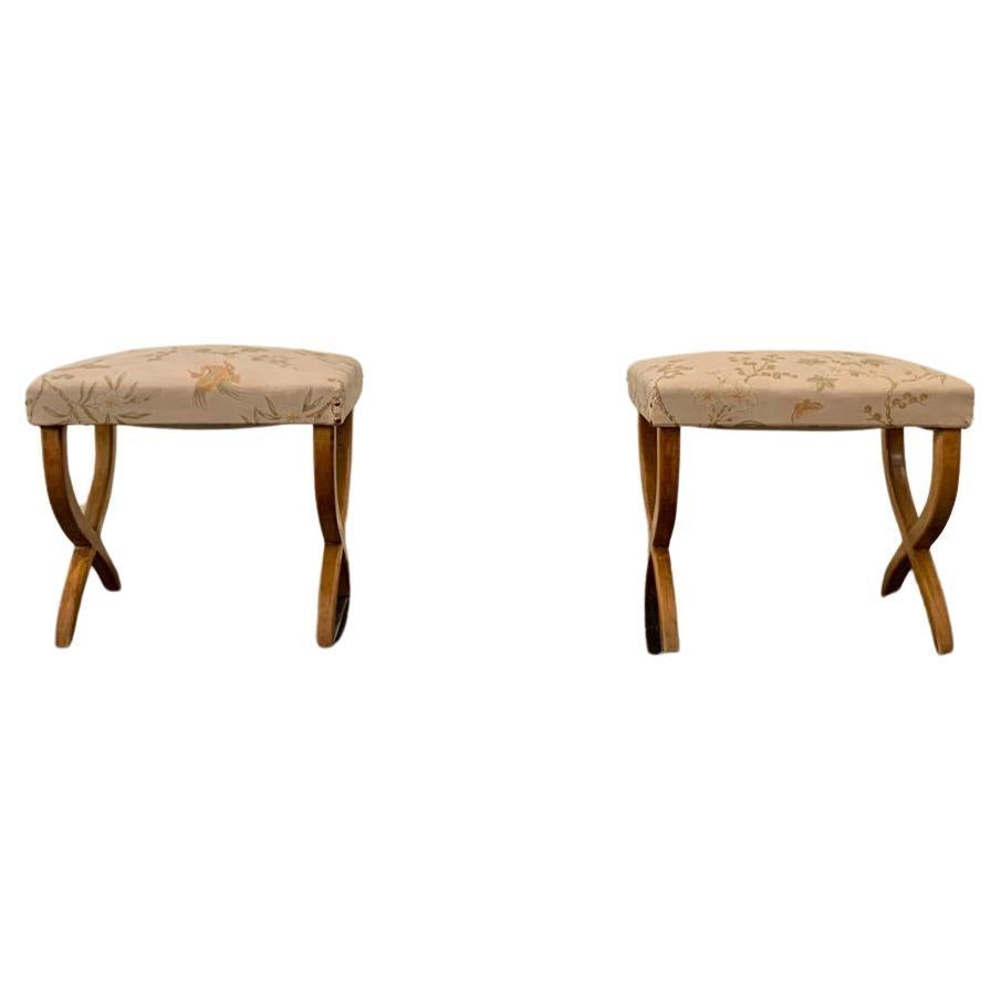 Maple & Fabric Poufs attributed to Paolo Buffa, 1940s, Set of 2 For Sale