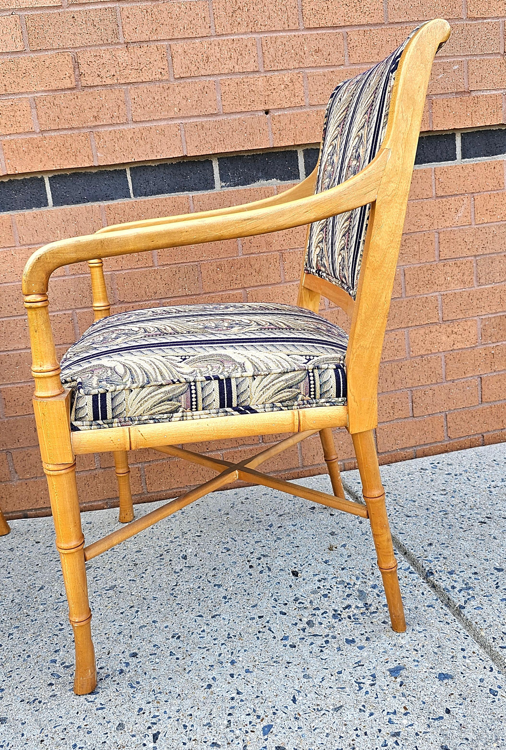 American Maple Faux Bamboo Tapestry Upholstered Arm Chairs, a Pair For Sale
