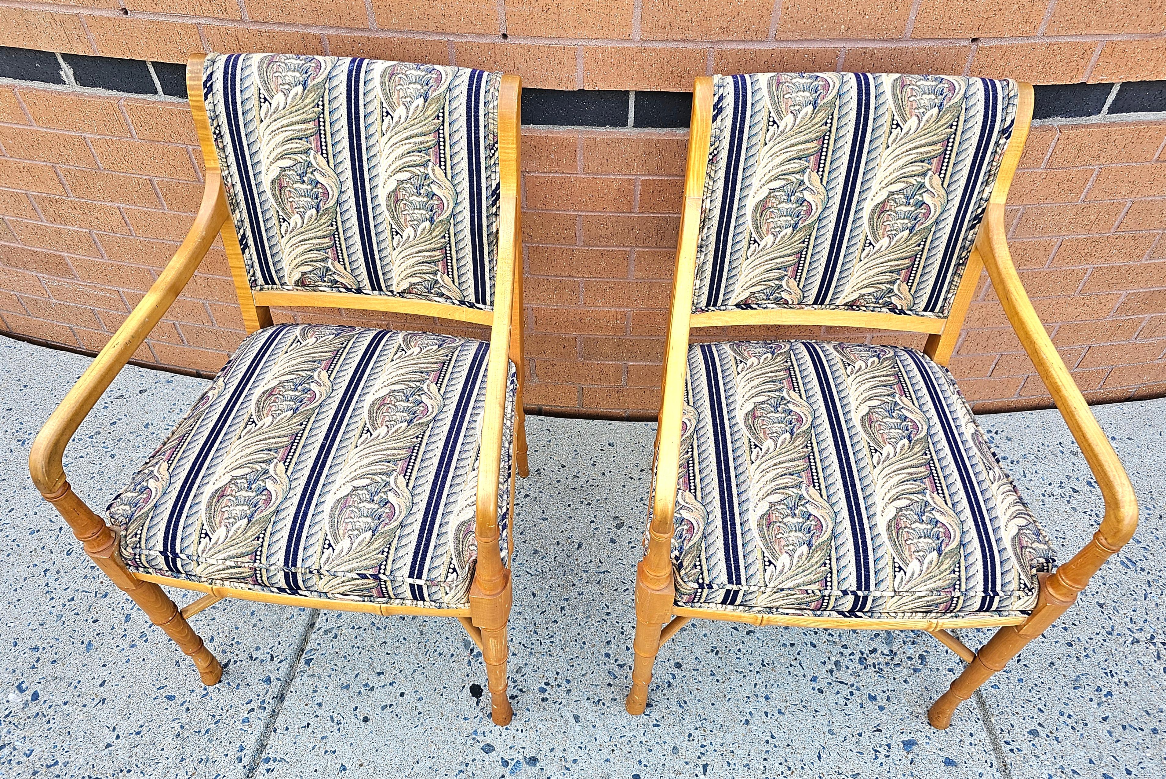 Lacquered Maple Faux Bamboo Tapestry Upholstered Arm Chairs, a Pair For Sale