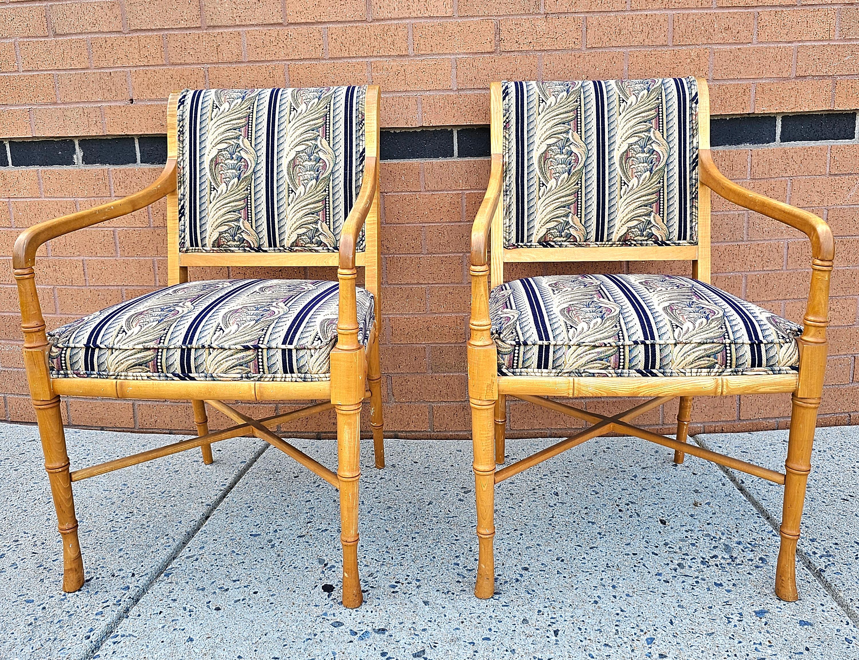 Maple Faux Bamboo Tapestry Upholstered Arm Chairs, a Pair In Good Condition For Sale In Germantown, MD