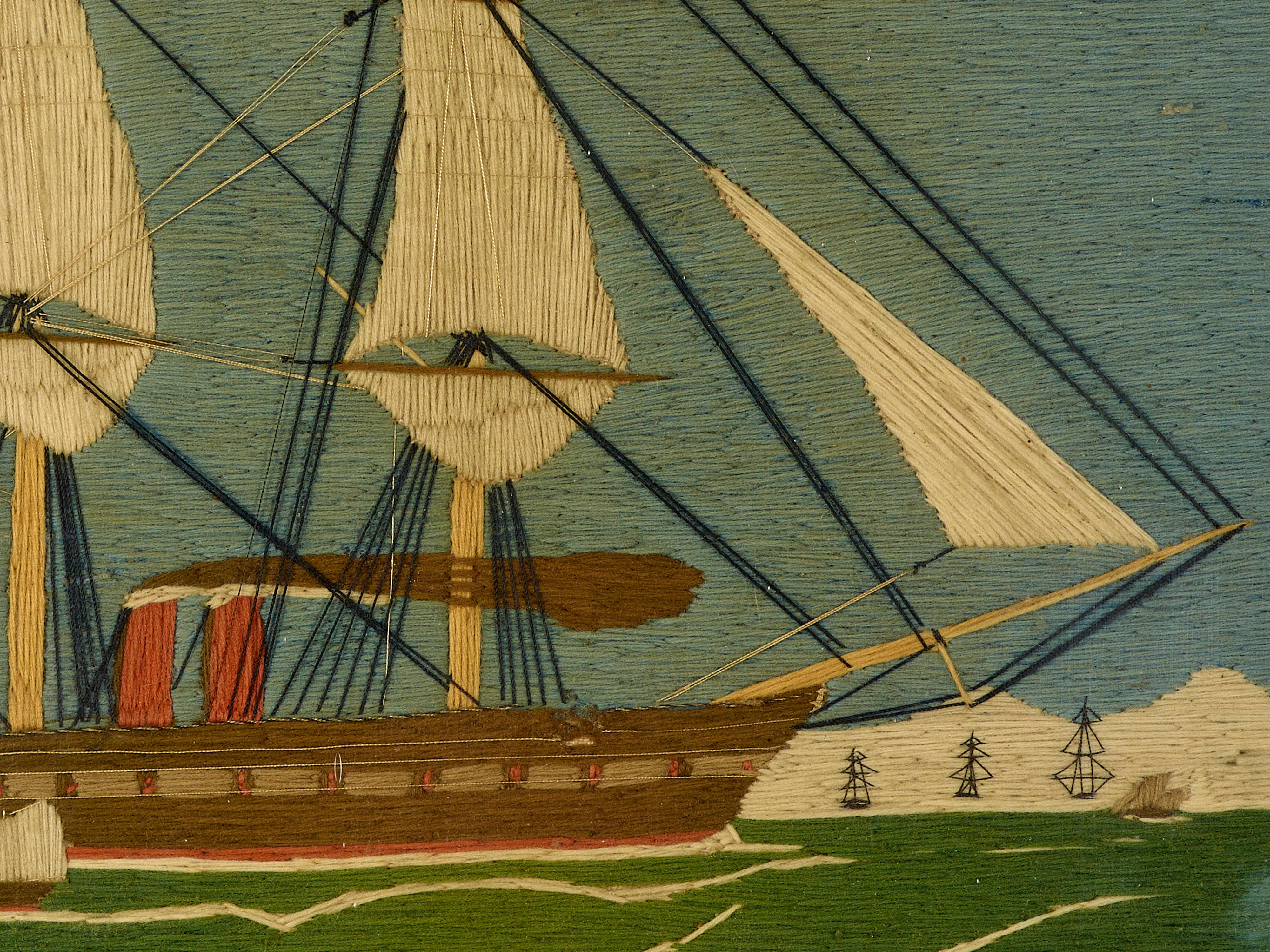 Hand-Crafted Maple framed woolwork picture ships design For Sale