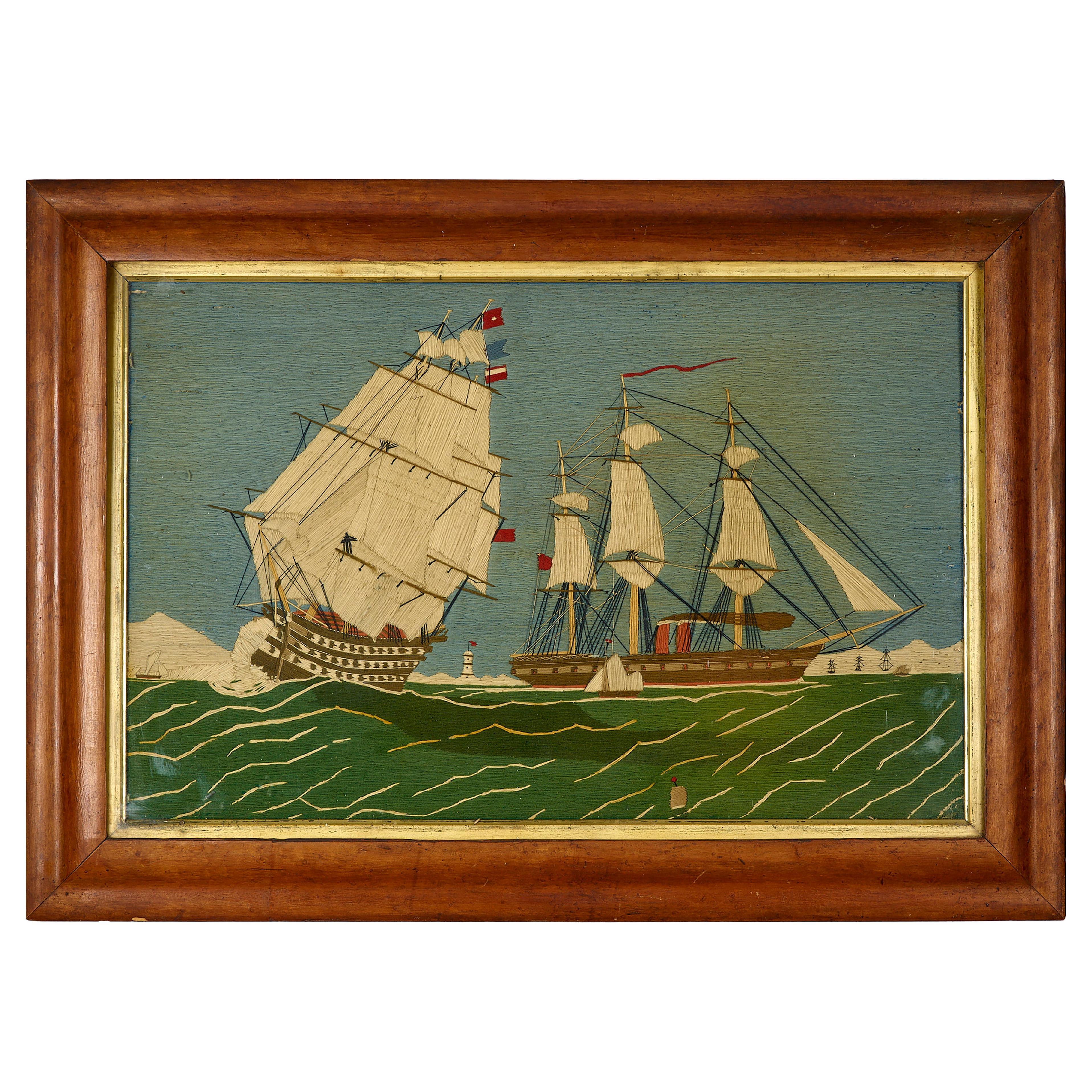 Maple framed woolwork picture ships design For Sale