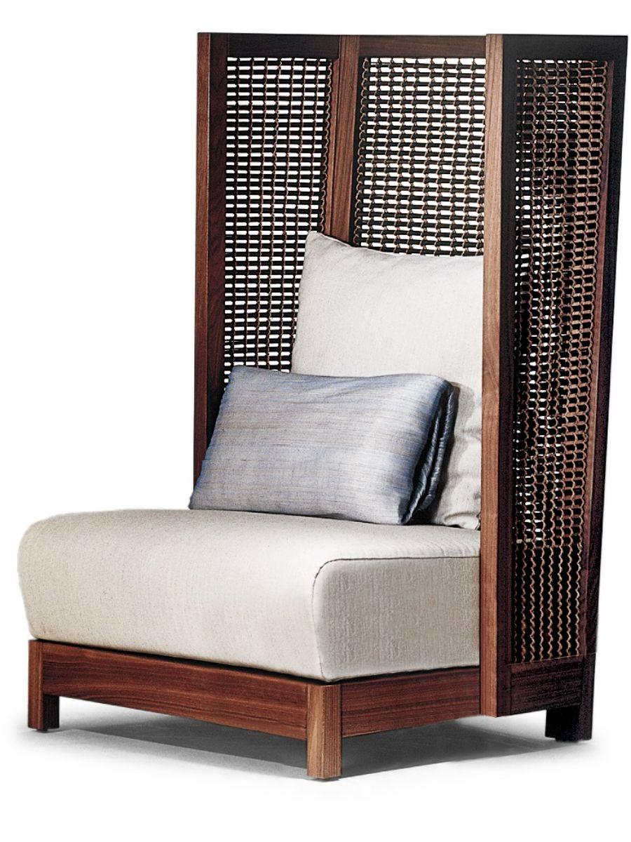 Maple Highback Suzy Wong Easy armchair by Kenneth Cobonpue.
Materials: Abaca, rattan, maple. 
Also available in walnut. 
Dimensions: 75 cm x 74 cm x H 122 cm

Woven panels create a feeling of intimacy as you and your guests indulge in