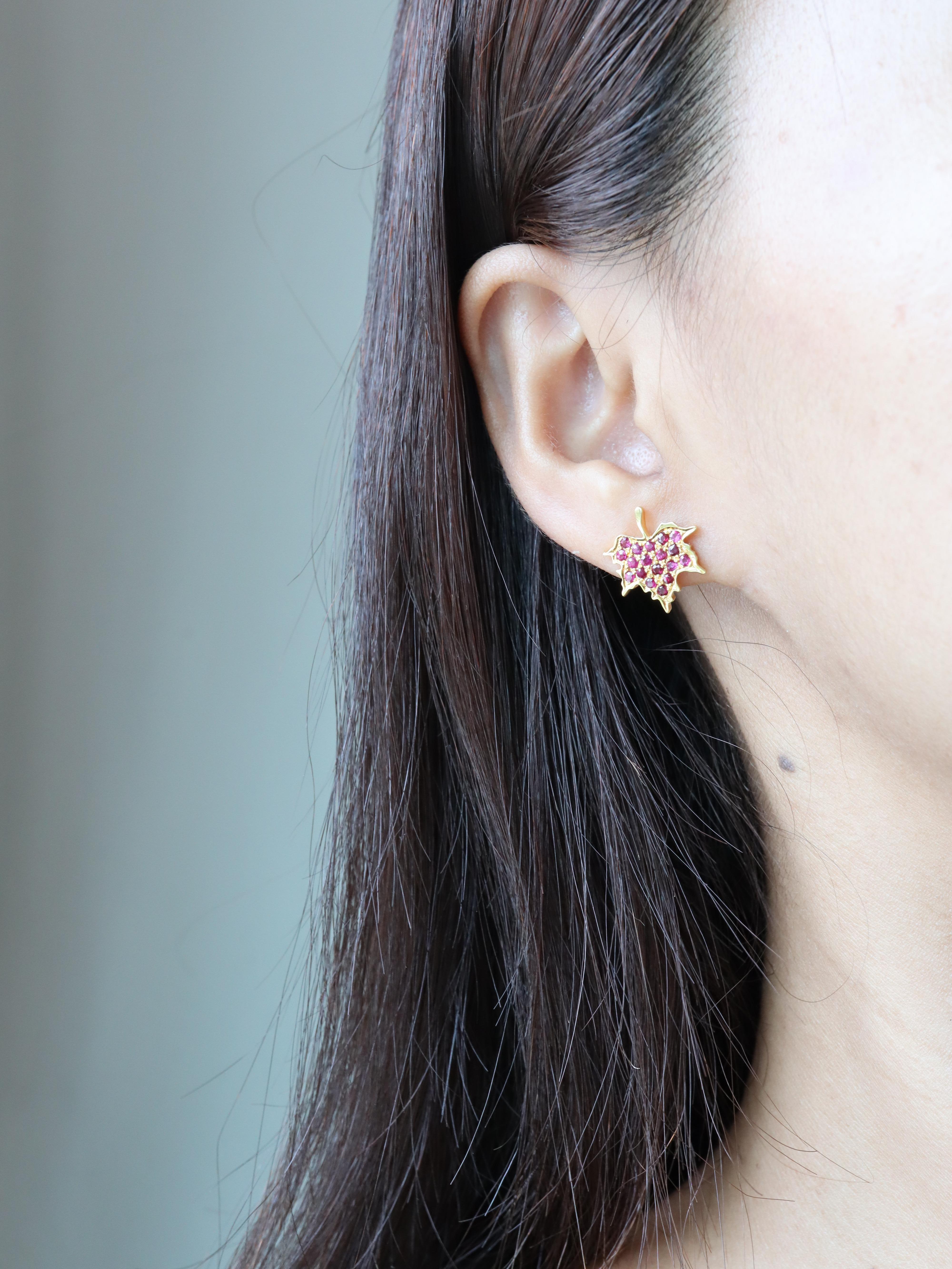 Maple Leaf Designed Burma Unheated ruby earring For Sale 2