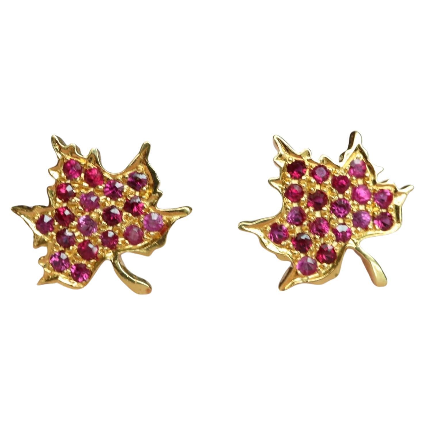 Maple Leaf Designed Burma Unheated ruby earring For Sale