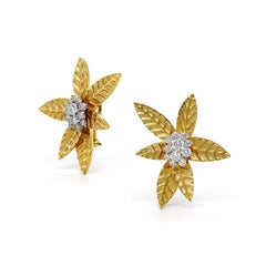 18K Yellow Gold Maple Leaf Diamond Cluster Earrings
