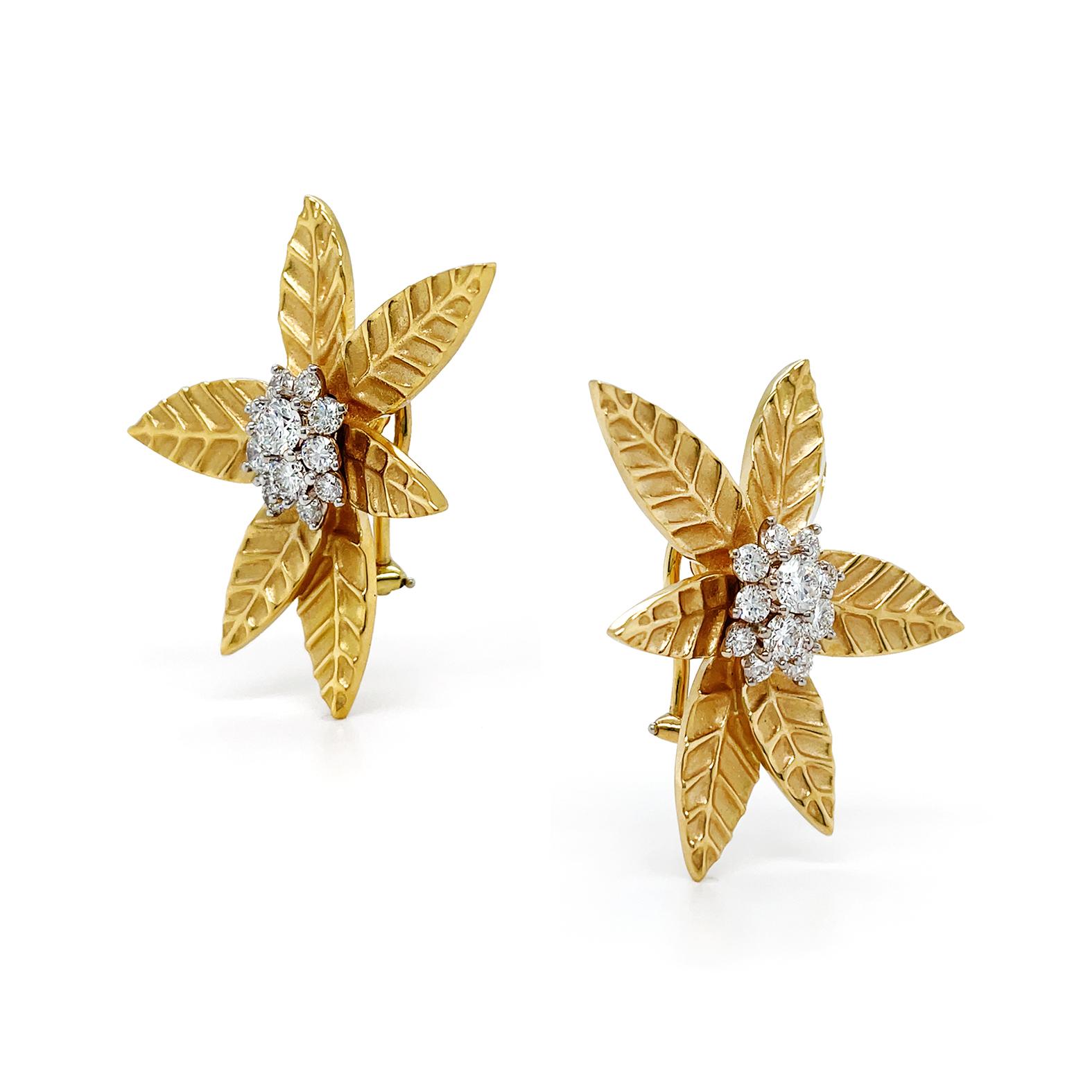 Brilliant Cut 18K Yellow Gold Maple Leaf Diamond Cluster Earrings For Sale