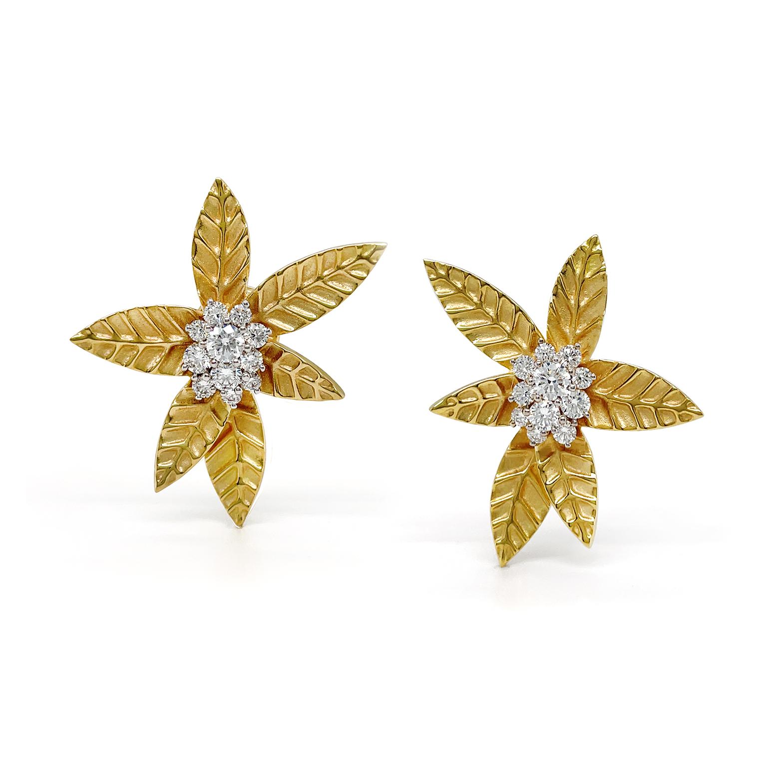 Women's 18K Yellow Gold Maple Leaf Diamond Cluster Earrings For Sale