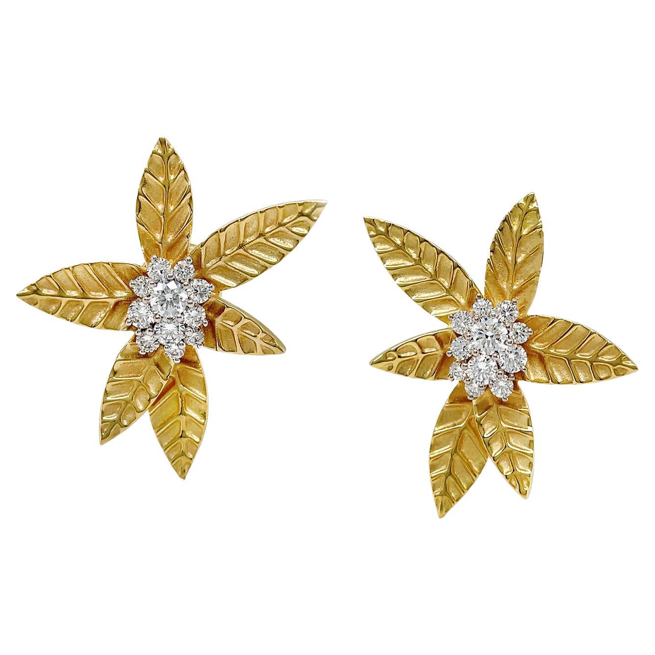 18K Yellow Gold Maple Leaf Diamond Cluster Earrings For Sale