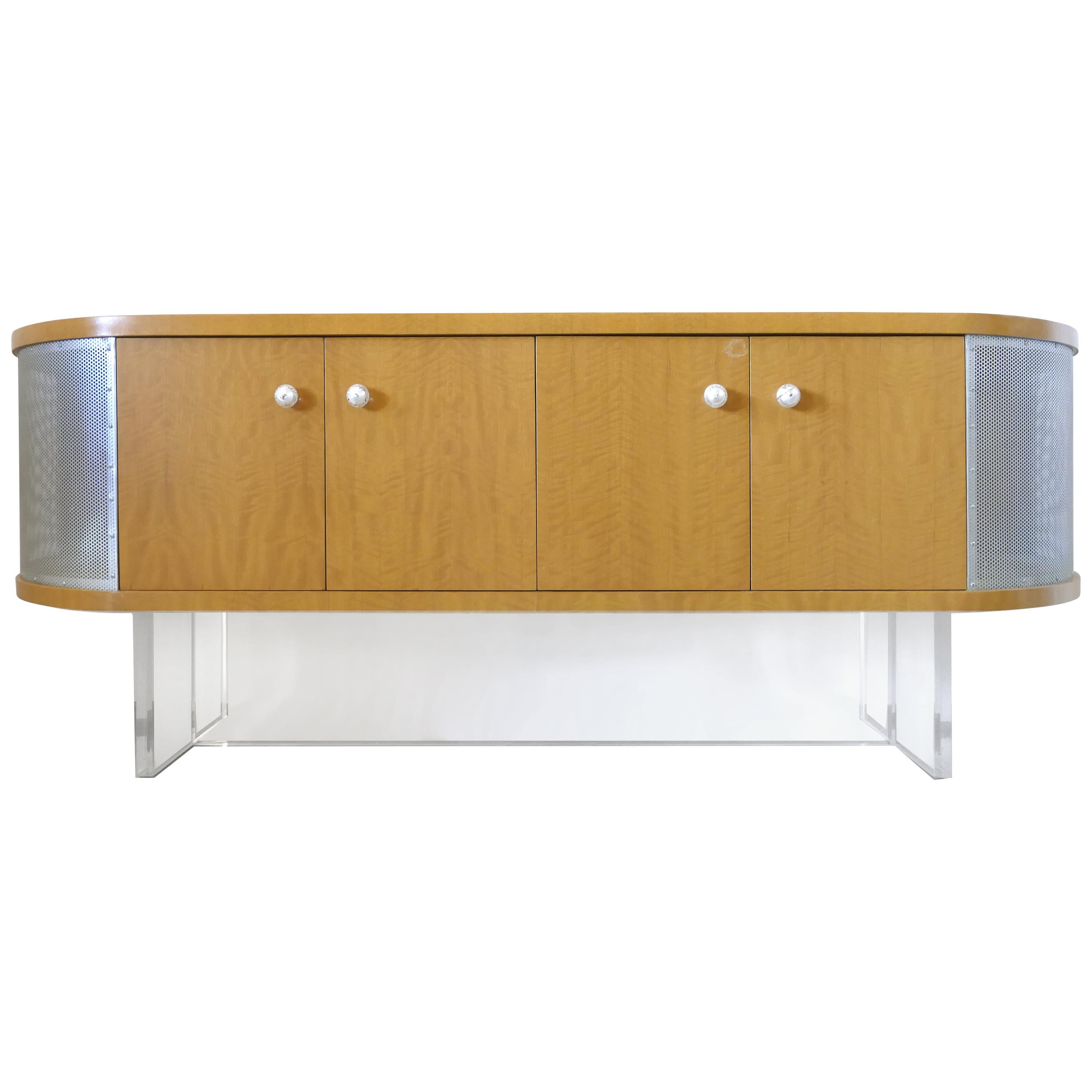 Maple Media Cabinet/Credenza with Lucite Base and Glass Handles, Custom Made