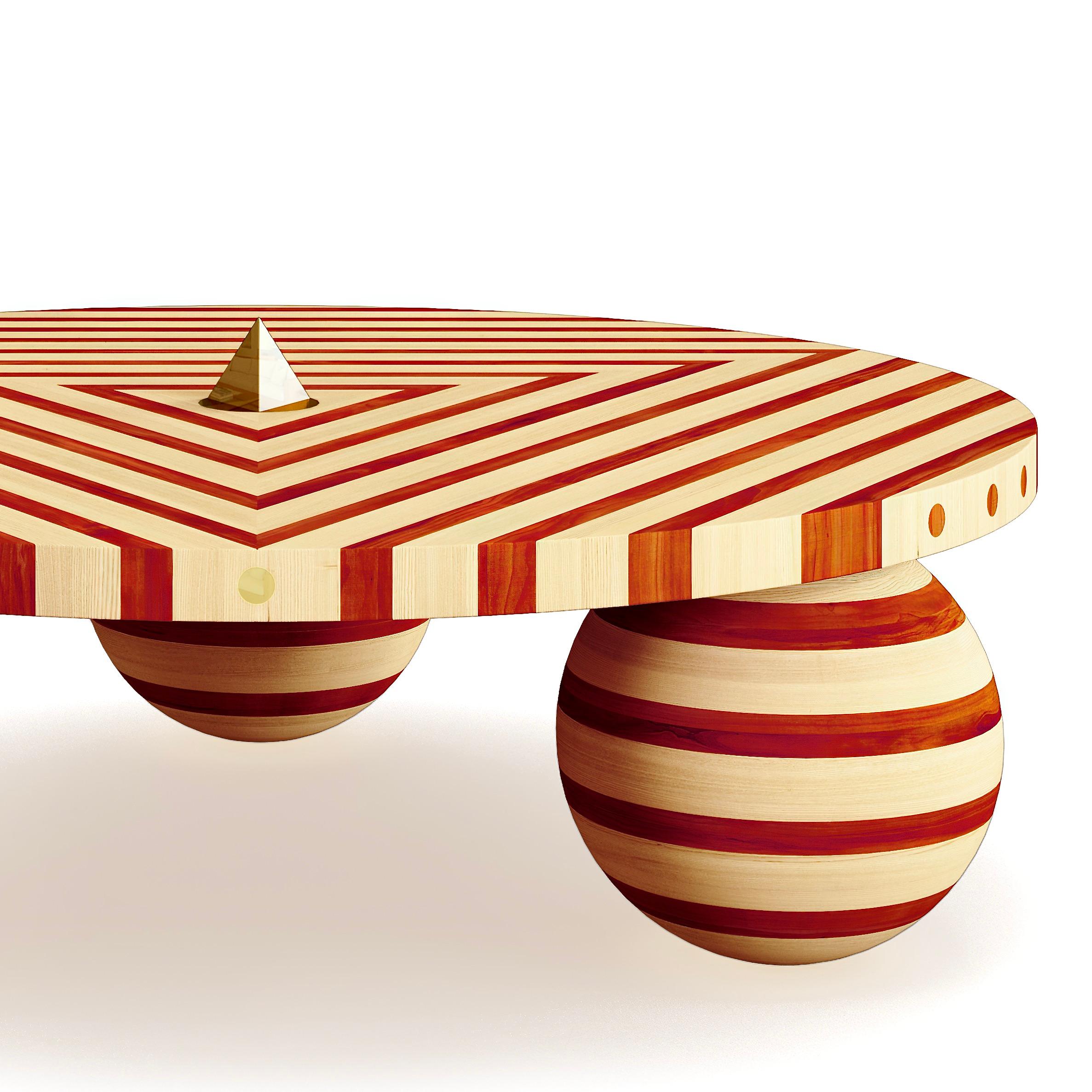 Hand-Crafted Maple & Padauk Wood Coffee Table With Brass Pyramid For Sale