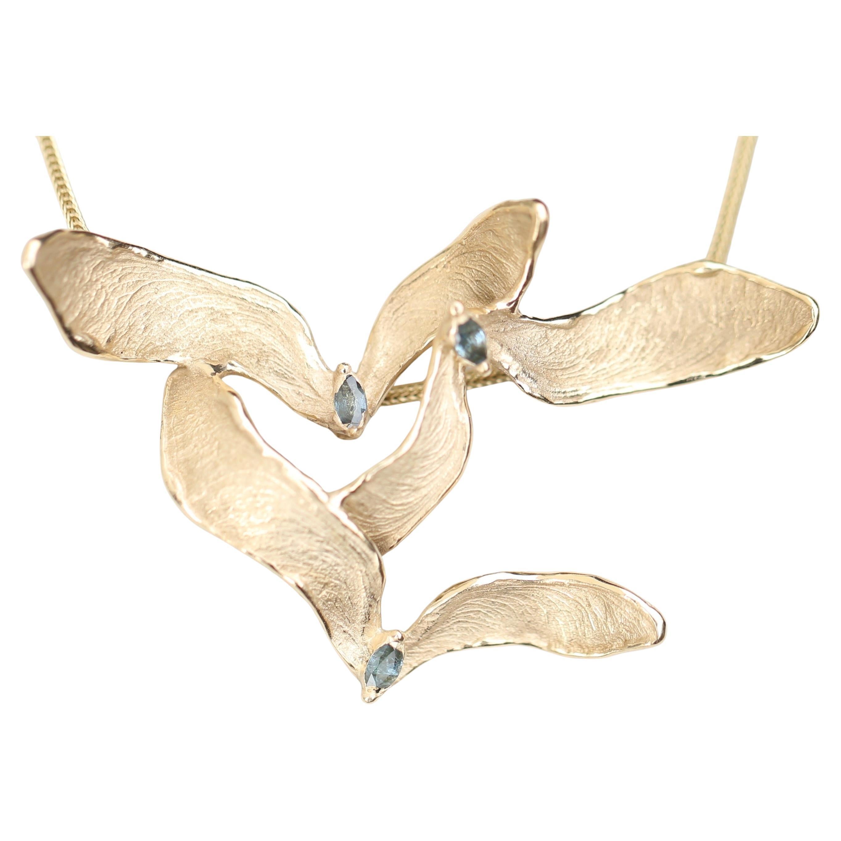 Maple Samara Pendant, Solid 14k Yellow Gold, Blue Sapphire For Sale