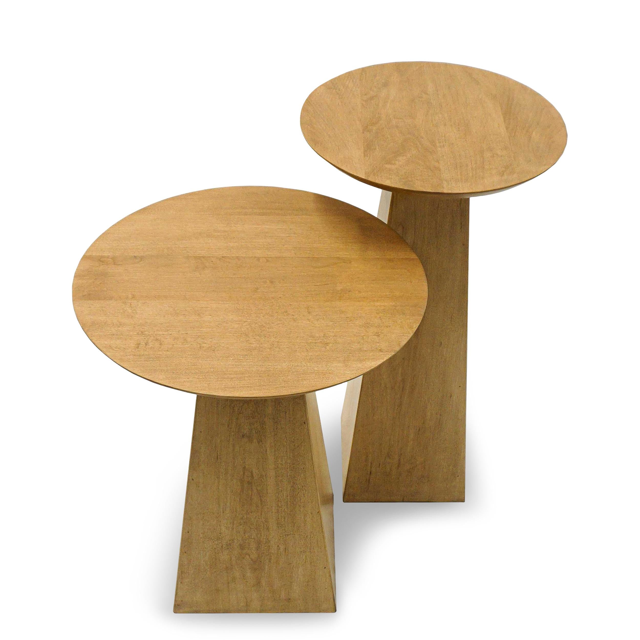 Geometric solid hard maple cocktail side tables set. Shown in natural finish stain. Customizable in size and wood finish. Ask about purchasing individually or in other quantities. 

Measurements:
Large 13” W x 13” D x 23.75” H
Tall 16” W x 16” D x