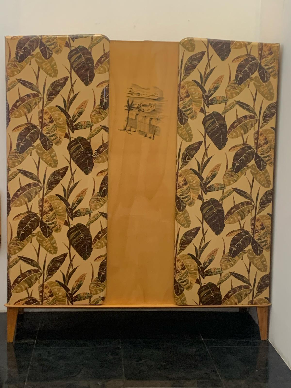 Mid-Century Modern Maple Wardrobe with Leaf and Landscape Decoration, 1950s For Sale