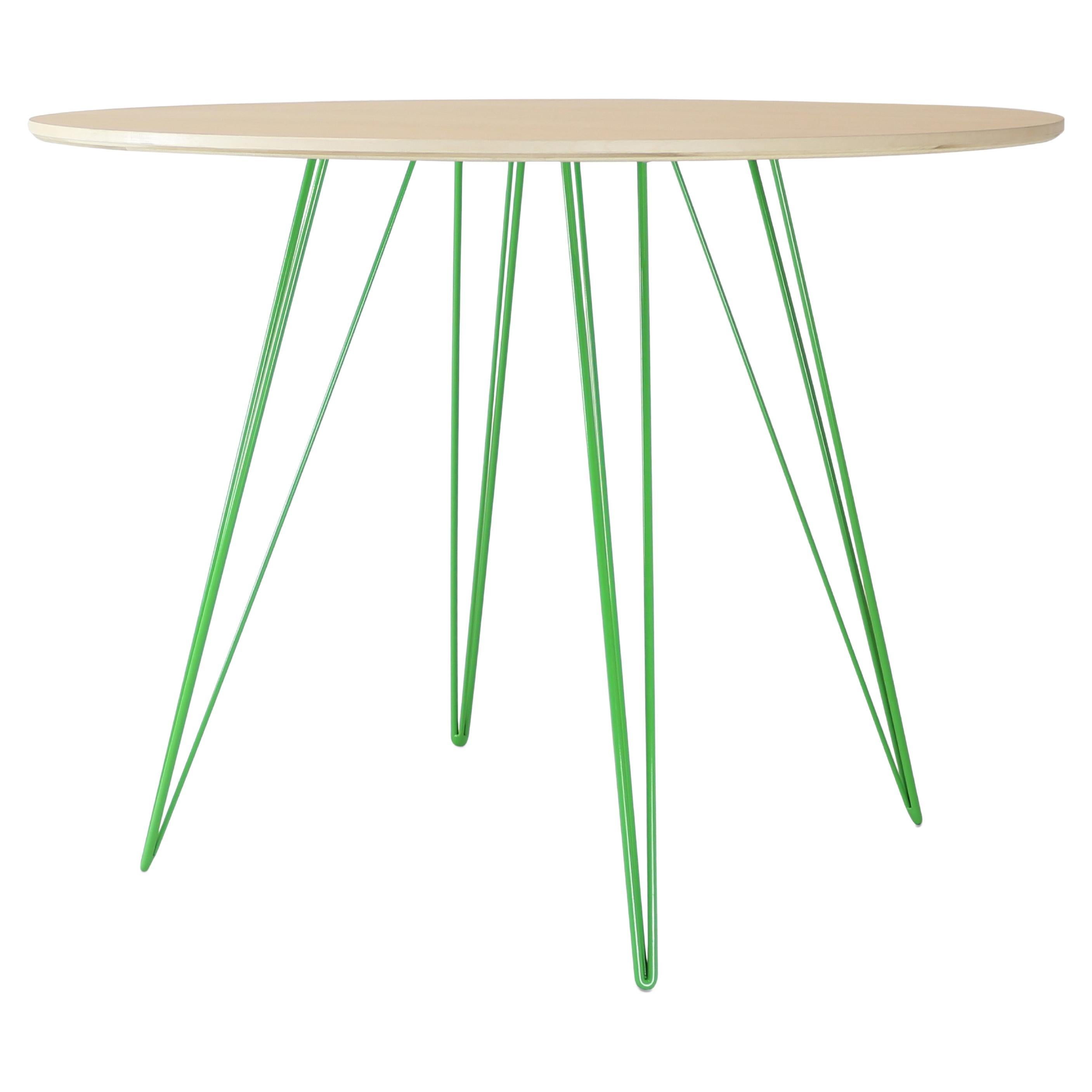 Table de salle à manger en érable Williams Pieds en épingle à cheveux verts Plateau circulaire