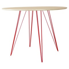 Table de salle à manger en érable Williams avec pieds en épingle à cheveux rouge et plateau circulaire