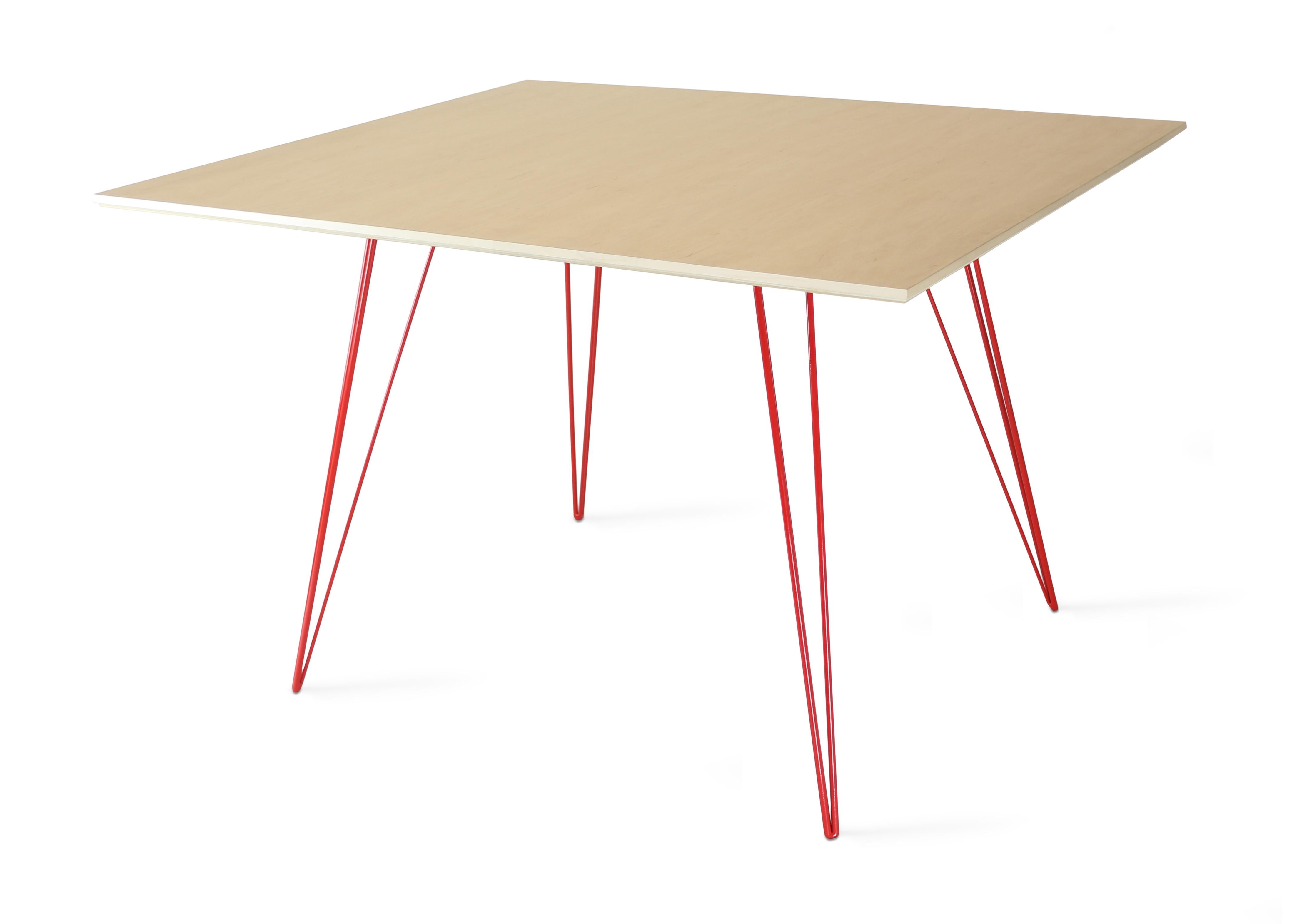 A thin, elegant and light Maple table that can be customized to any shape, size and color desired. This handcrafted item perfectly blends industrial hairpin legs with a beveled wooden top. The irregular beauty of its natural wood combined with its