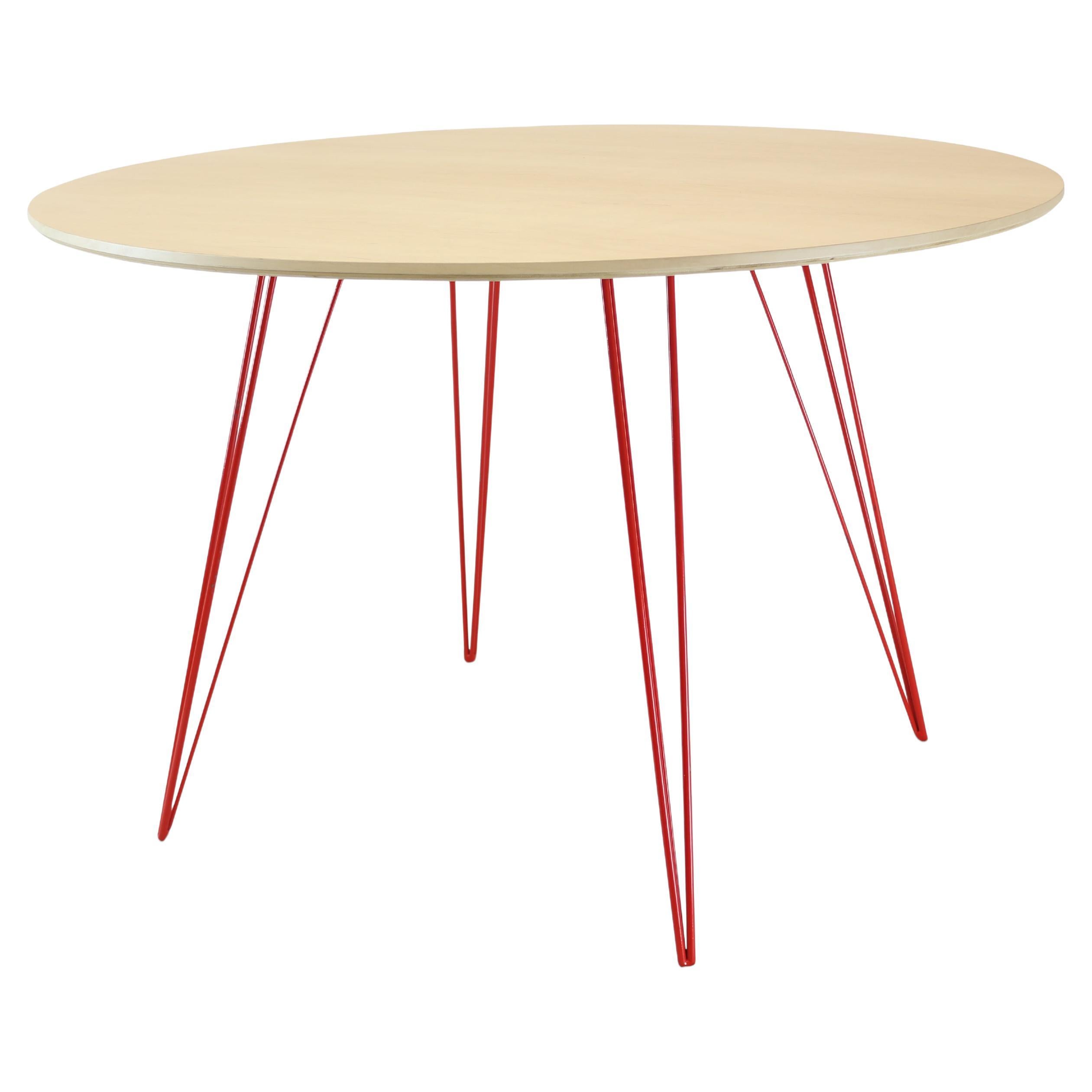 Table de salle à manger en érable Williams avec pieds en épingle à cheveux rouge et plateau circulaire