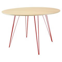 Table de salle à manger en érable Williams avec pieds en épingle à cheveux rouge et plateau circulaire