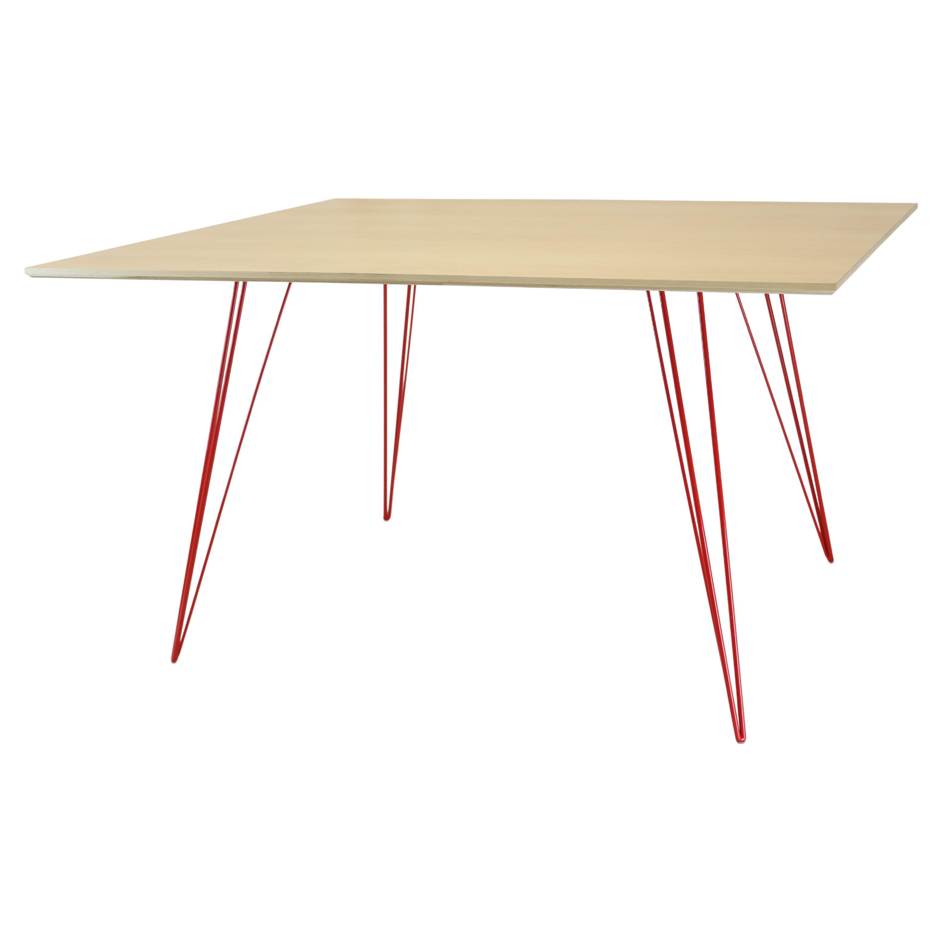 Table de salle à manger en érable Williams avec pieds en épingle à cheveux rouge et plateau rectangulaire