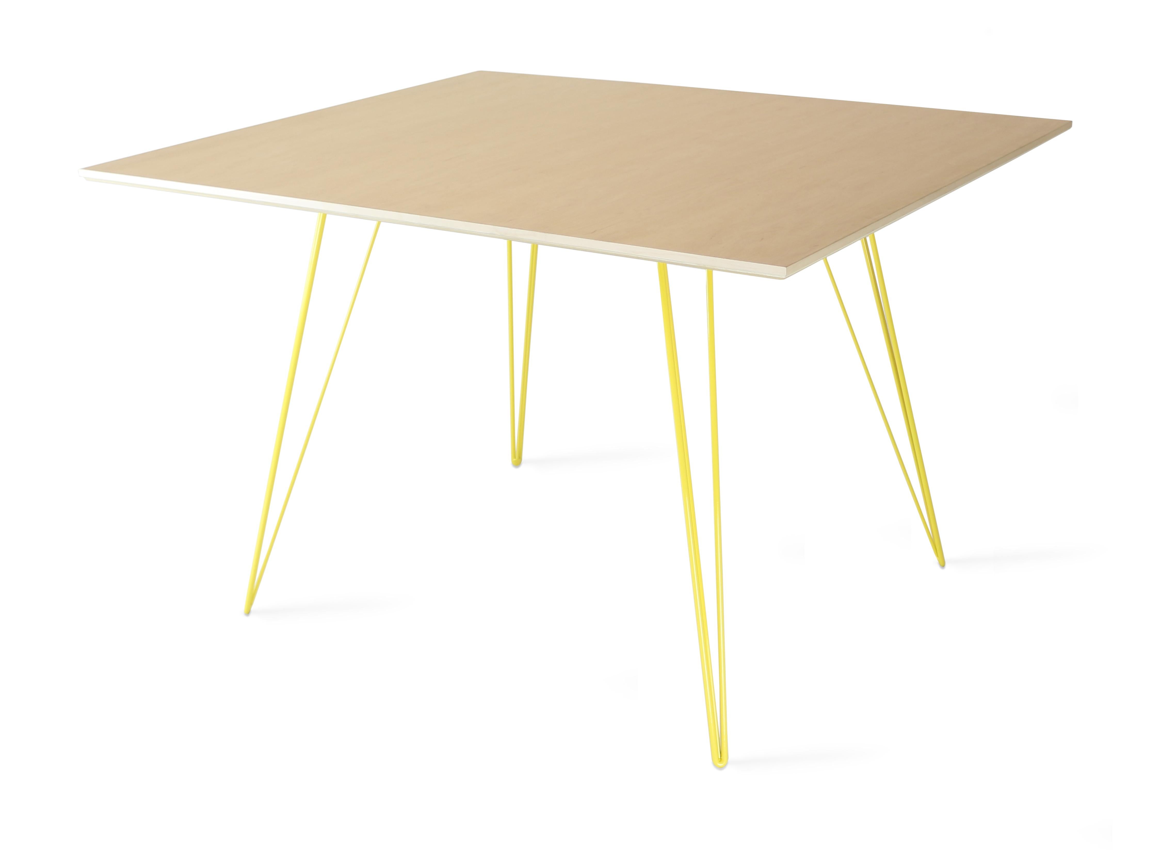 A thin, elegant and light Maple table that can be customized to any shape, size and color desired. This handcrafted item perfectly blends industrial yellow hairpin legs with a beveled wooden top. The irregular beauty of its natural wood combined